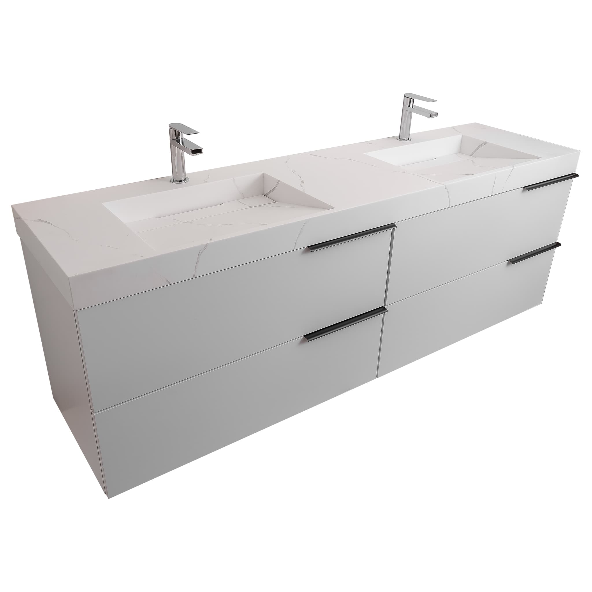 Mallorca 63 Matte White Cabinet, Solid Surface Matte White Top Carrara Infinity Double Sink, Wall Mounted Modern Vanity Set
