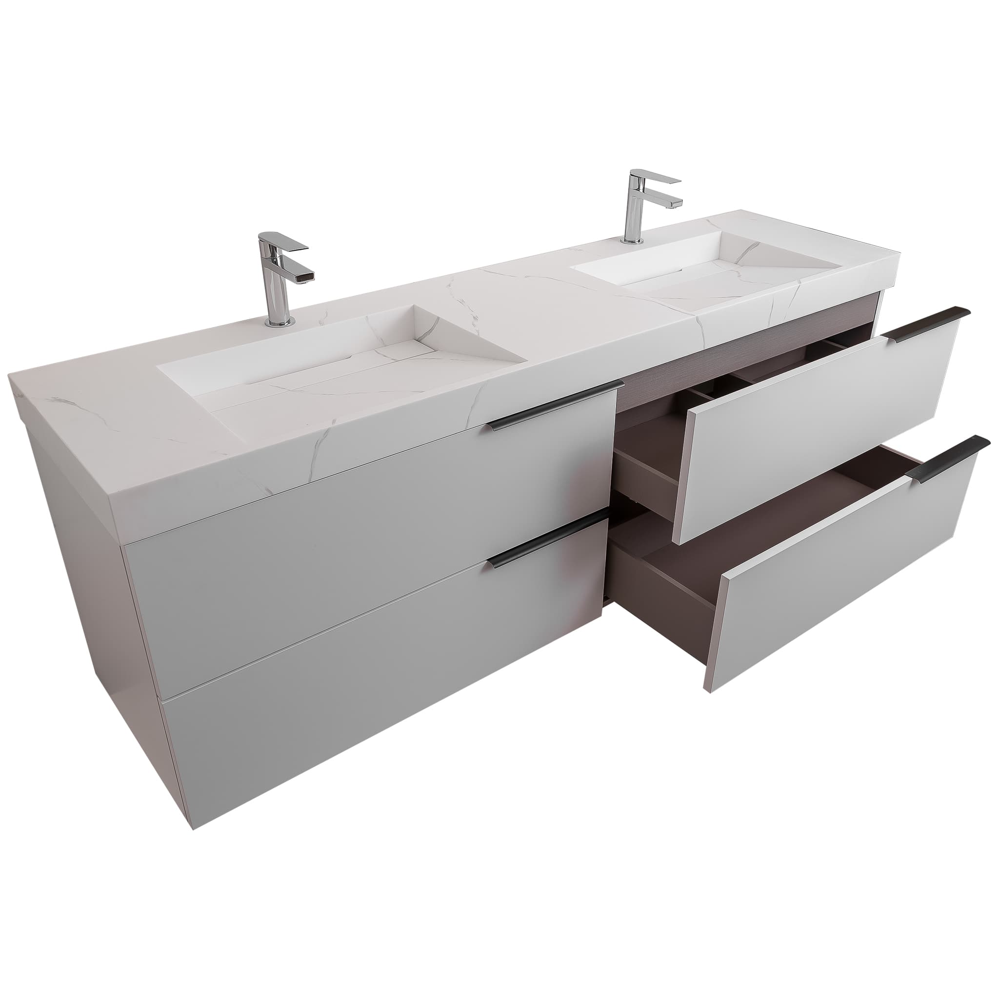 Mallorca 63 Matte White Cabinet, Solid Surface Matte White Top Carrara Infinity Double Sink, Wall Mounted Modern Vanity Set
