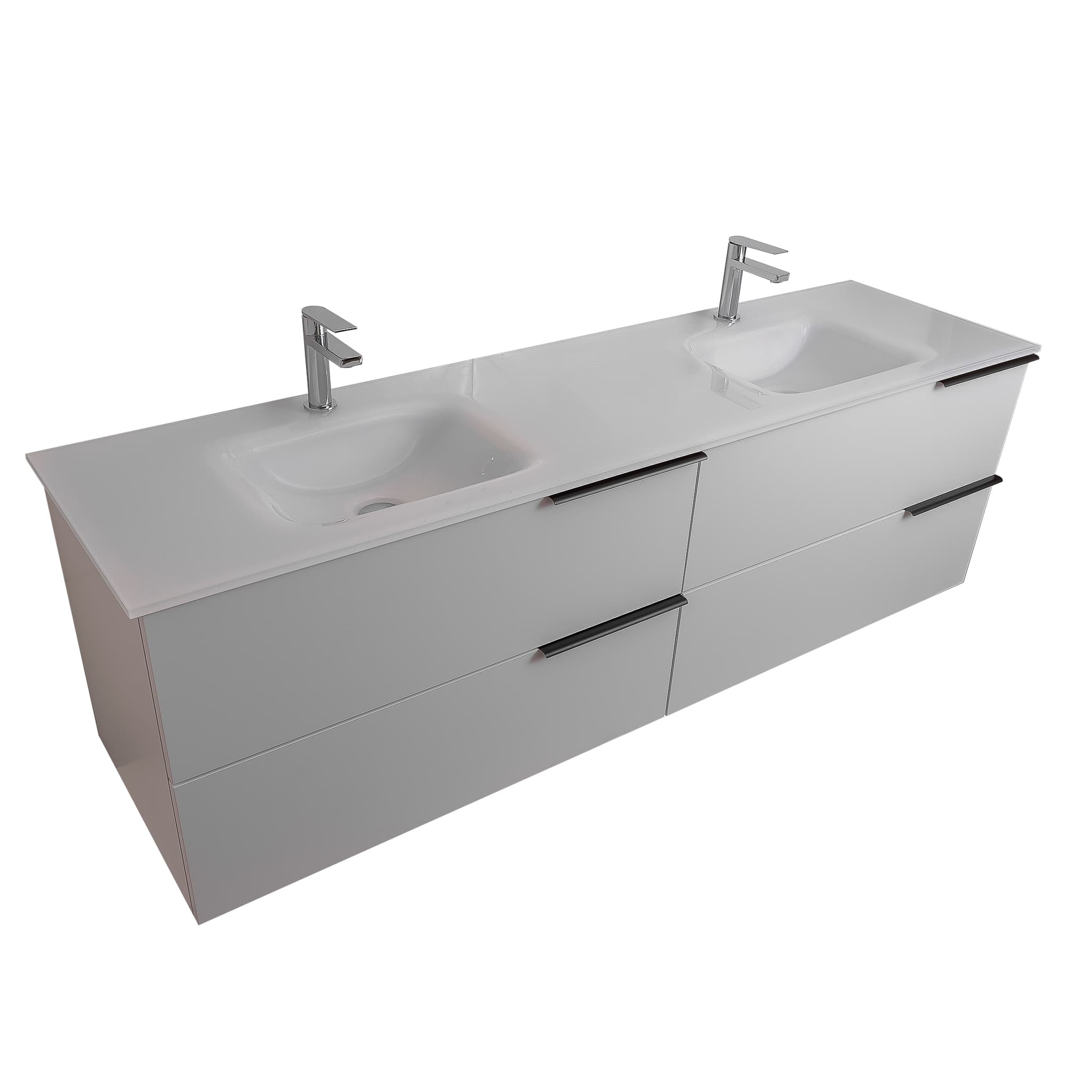 Mallorca 63 Matte White Cabinet, White Tempered Glass Double Sink, Wall Mounted Modern Vanity Set