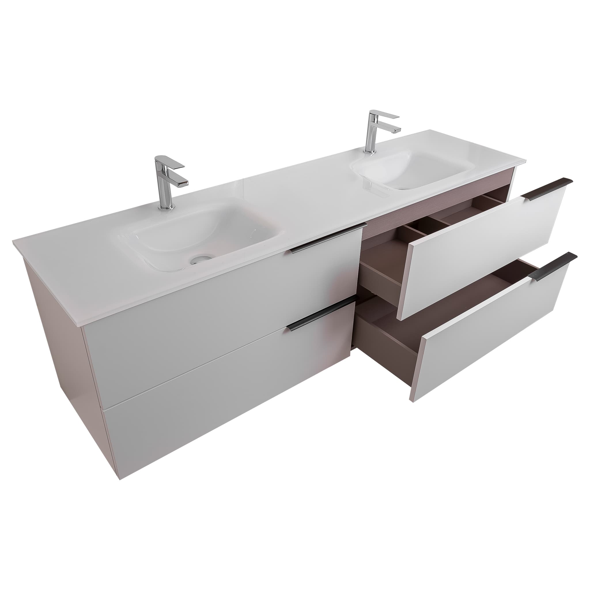 Mallorca 63 Matte White Cabinet, White Tempered Glass Double Sink, Wall Mounted Modern Vanity Set