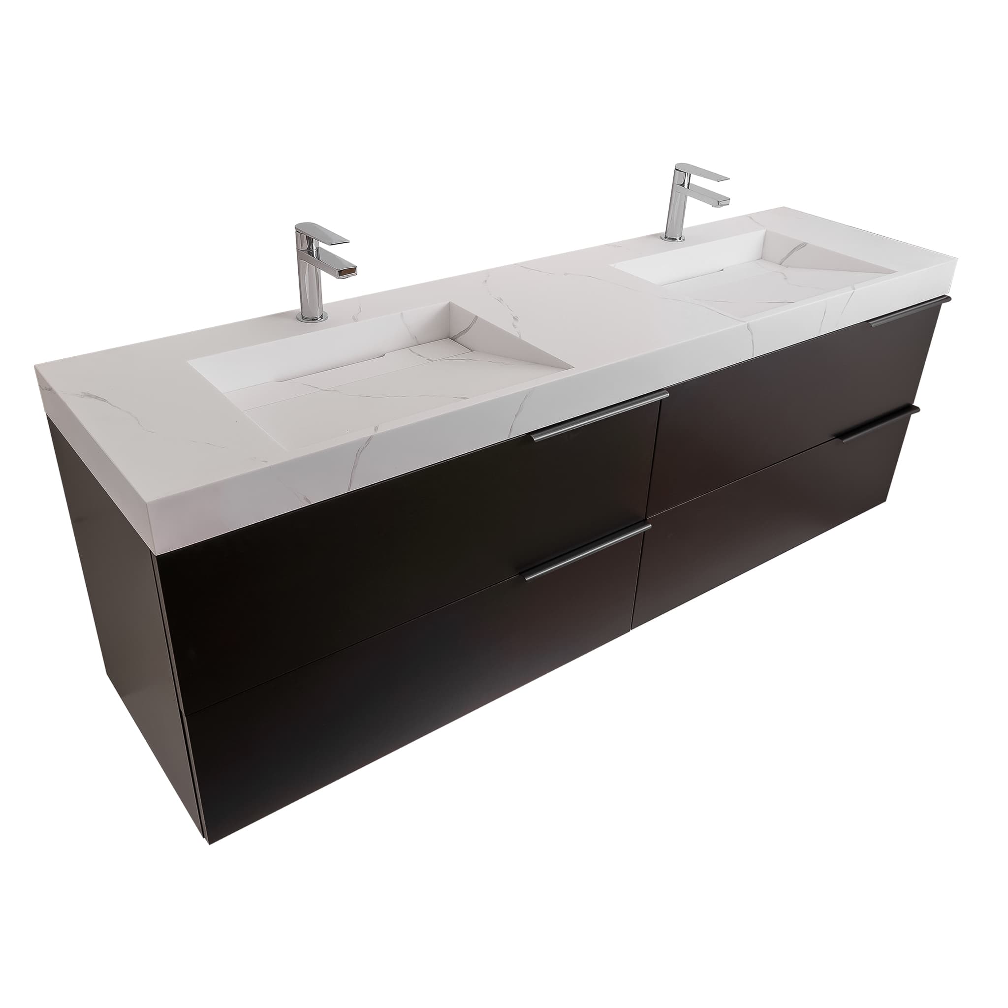 Mallorca 72 Matte Black Cabinet,  Solid Surface Matte White Top Carrara Infinity Double Sink, Wall Mounted Modern Vanity Set 