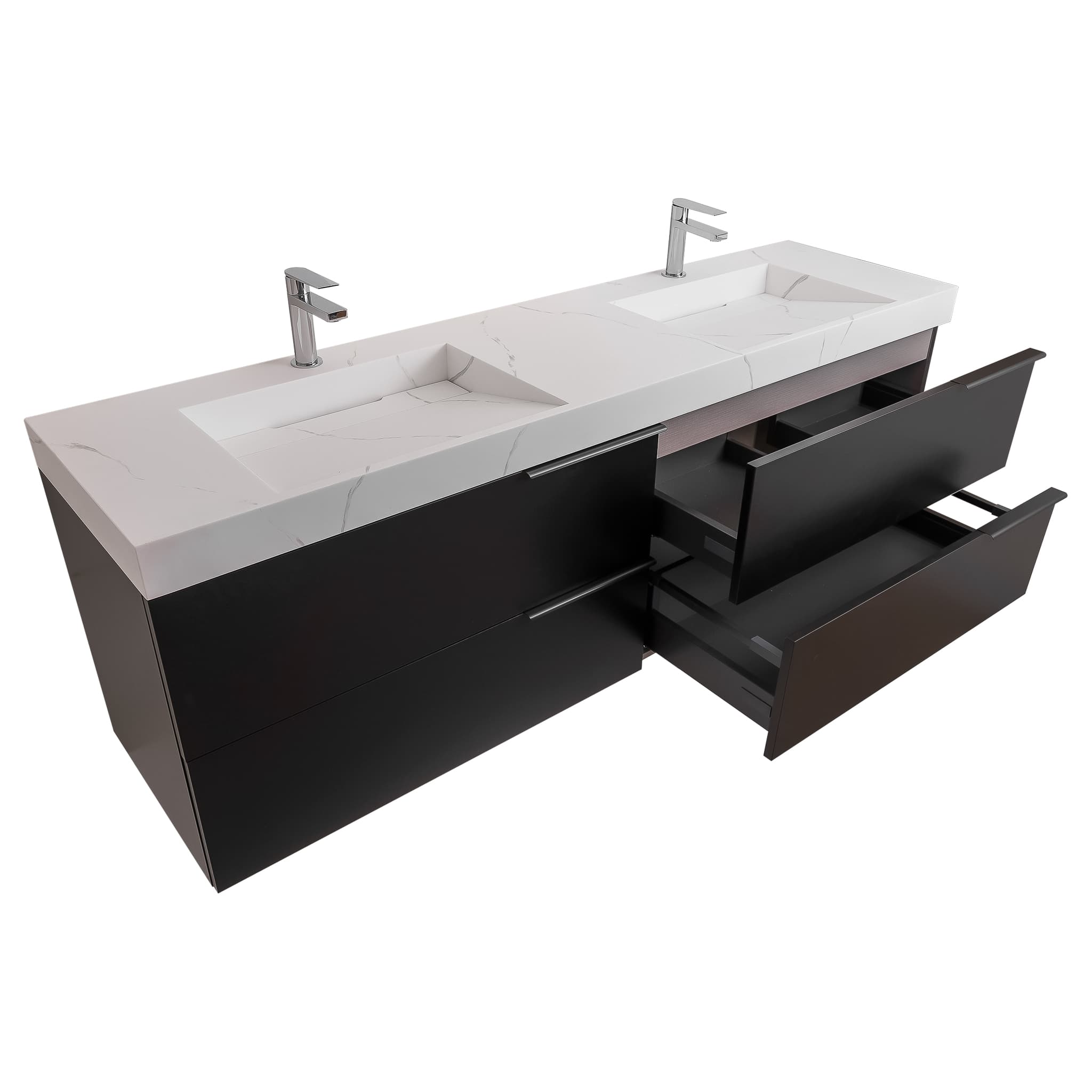 Mallorca 72 Matte Black Cabinet,  Solid Surface Matte White Top Carrara Infinity Double Sink, Wall Mounted Modern Vanity Set