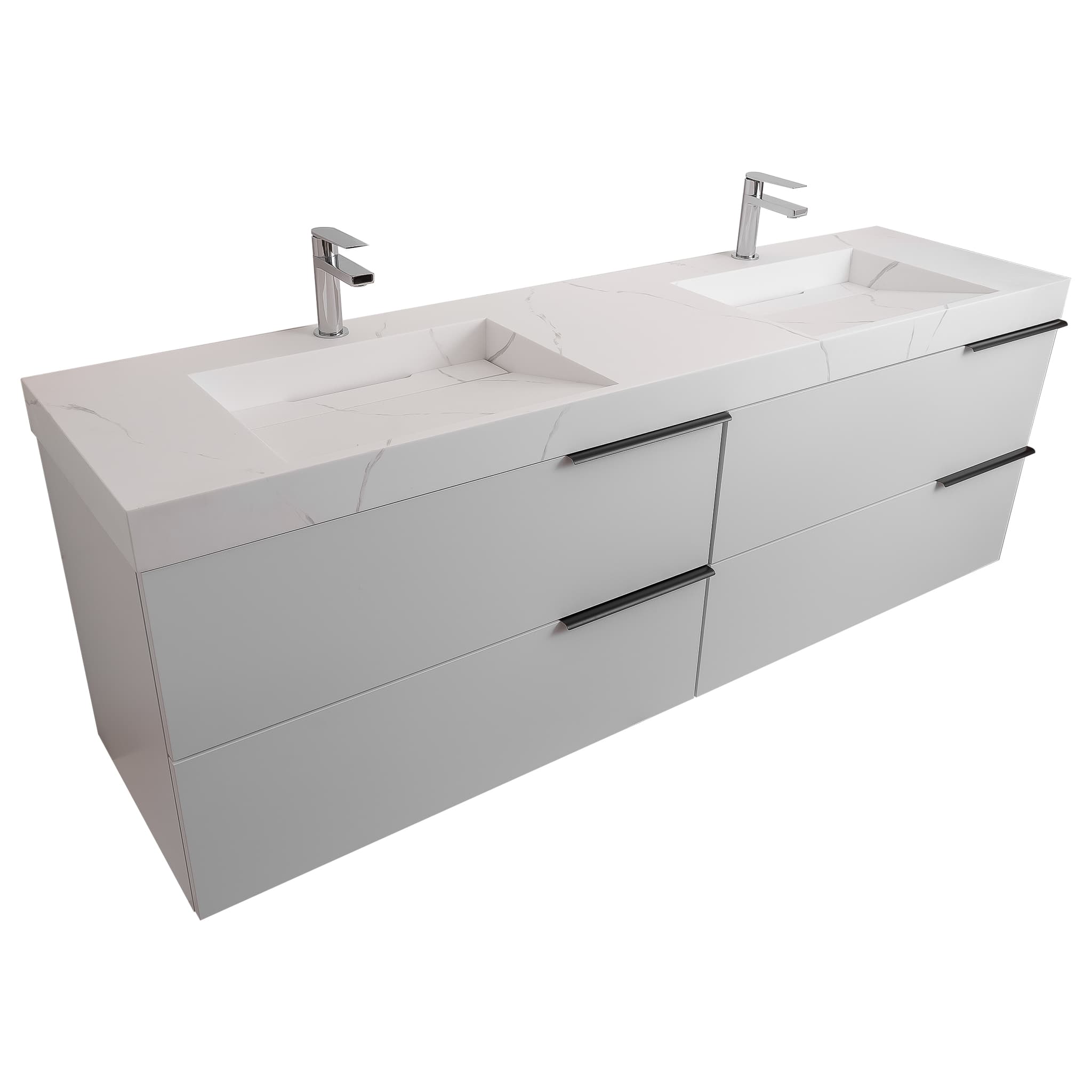 Mallorca 72 Matte White Cabinet, Solid Surface Matte White Top Carrara Infinity Double Sink, Wall Mounted Modern Vanity Set 