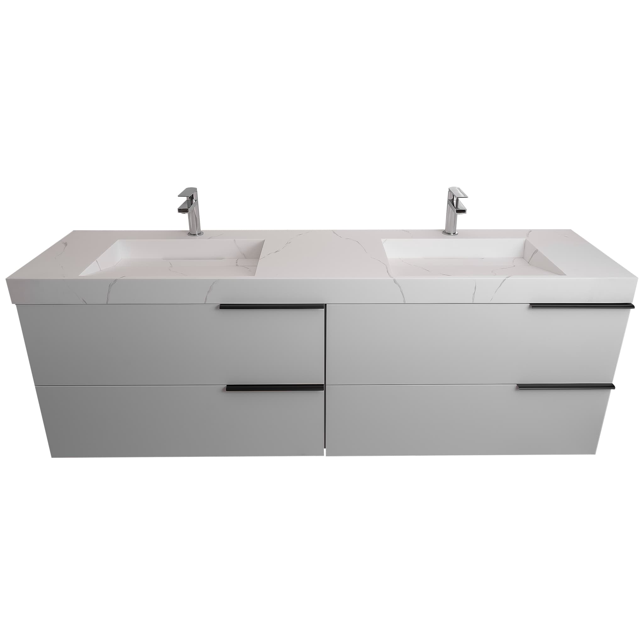 Mallorca 72 Matte White Cabinet, Solid Surface Matte White Top Carrara Infinity Double Sink, Wall Mounted Modern Vanity Set