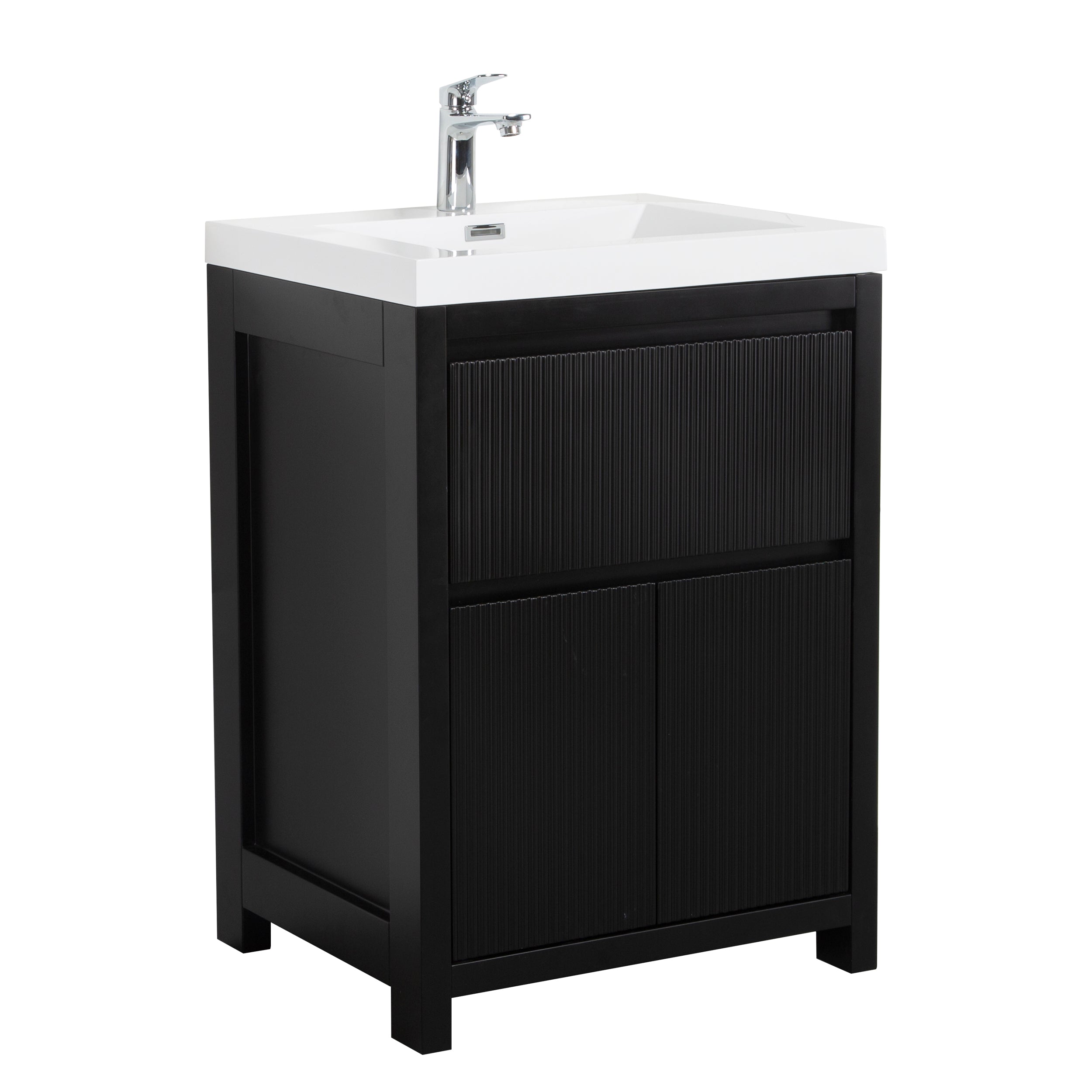 Neos 23.5 Matte Black Cabinet, Square Cultured Marble Sink, Free Standing Modern Vanity Set