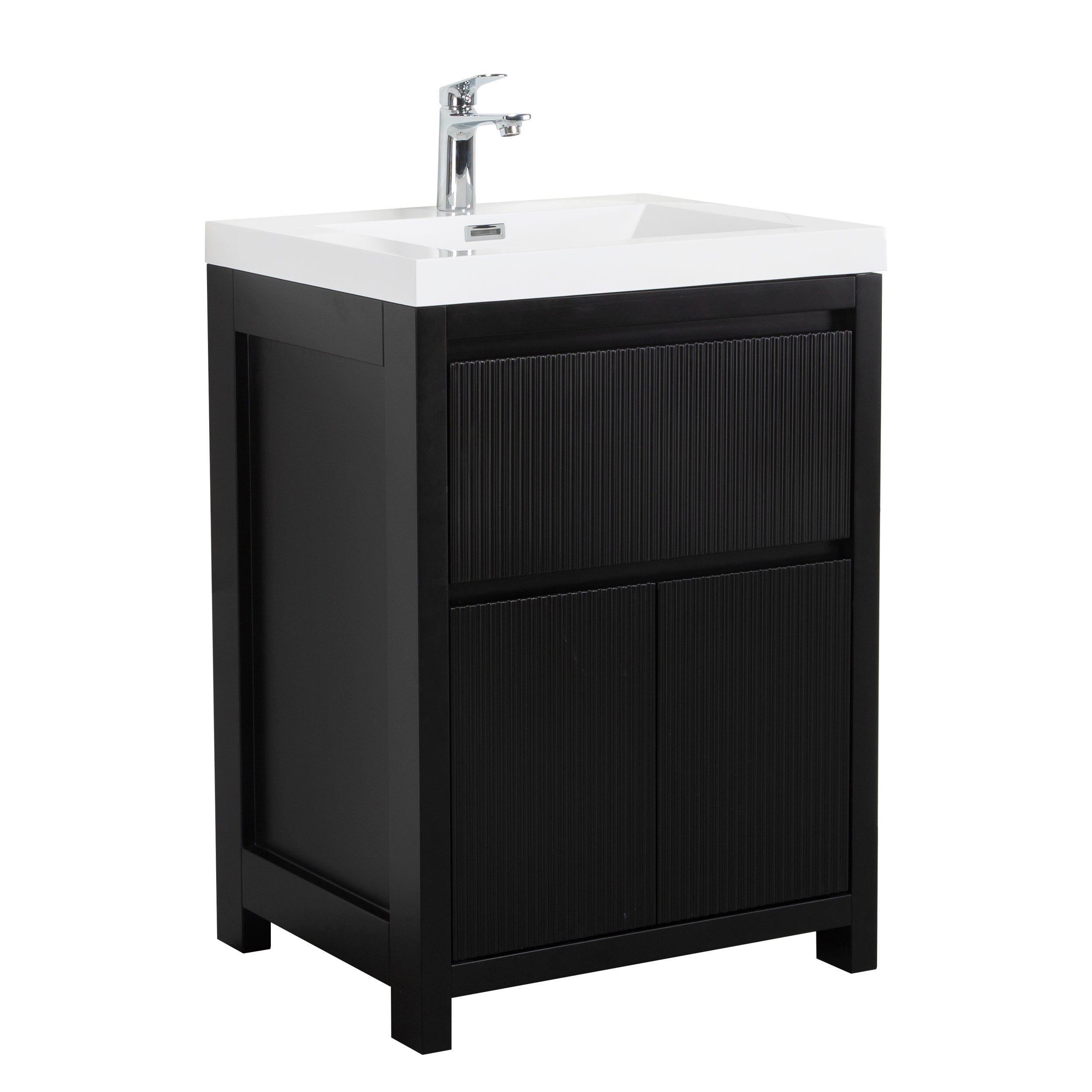 Neos 23.5 Matte Black Cabinet, Square Cultured Marble Sink, Free Standing Modern Vanity Set 