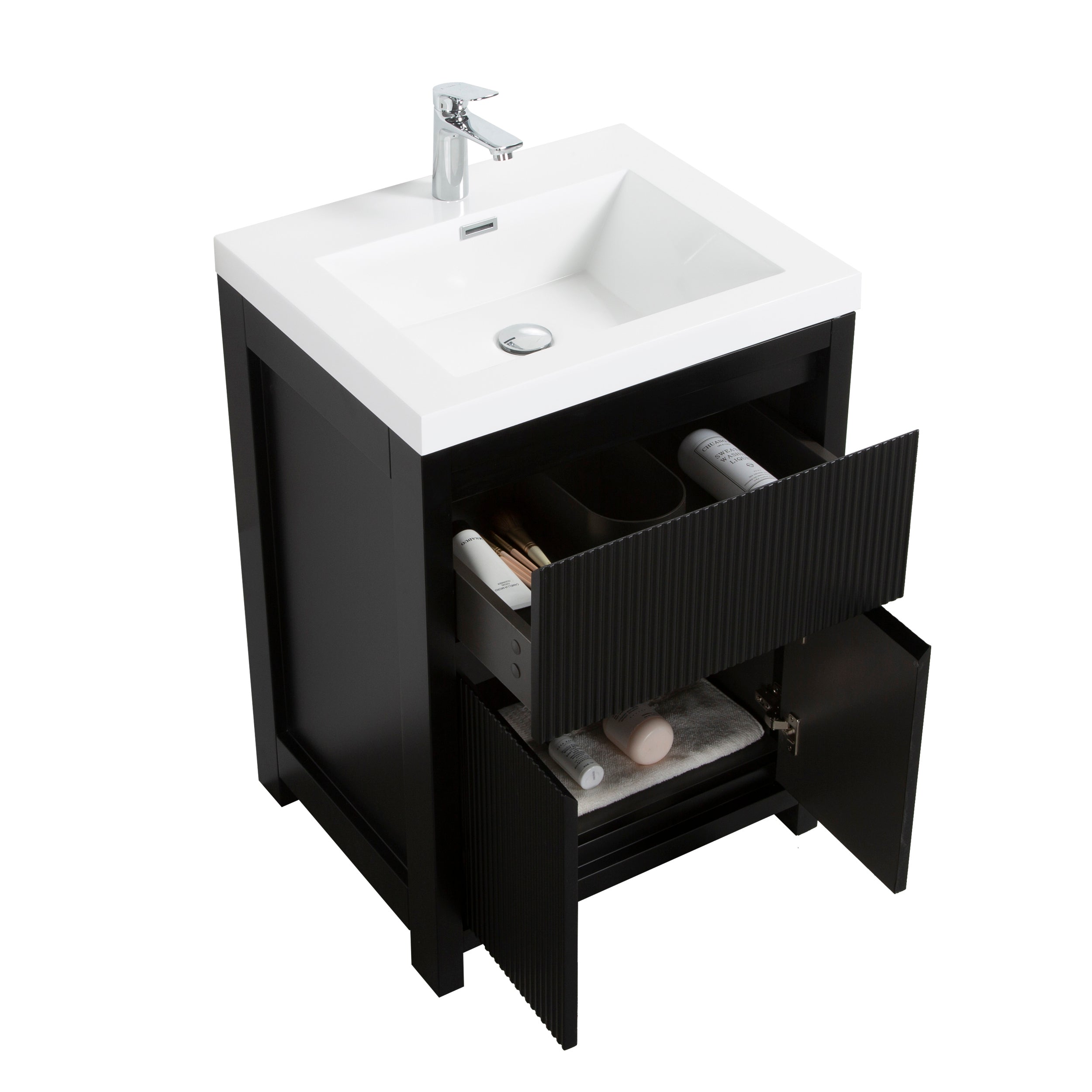 Neos 23.5 Matte Black Cabinet, Square Cultured Marble Sink, Free Standing Modern Vanity Set