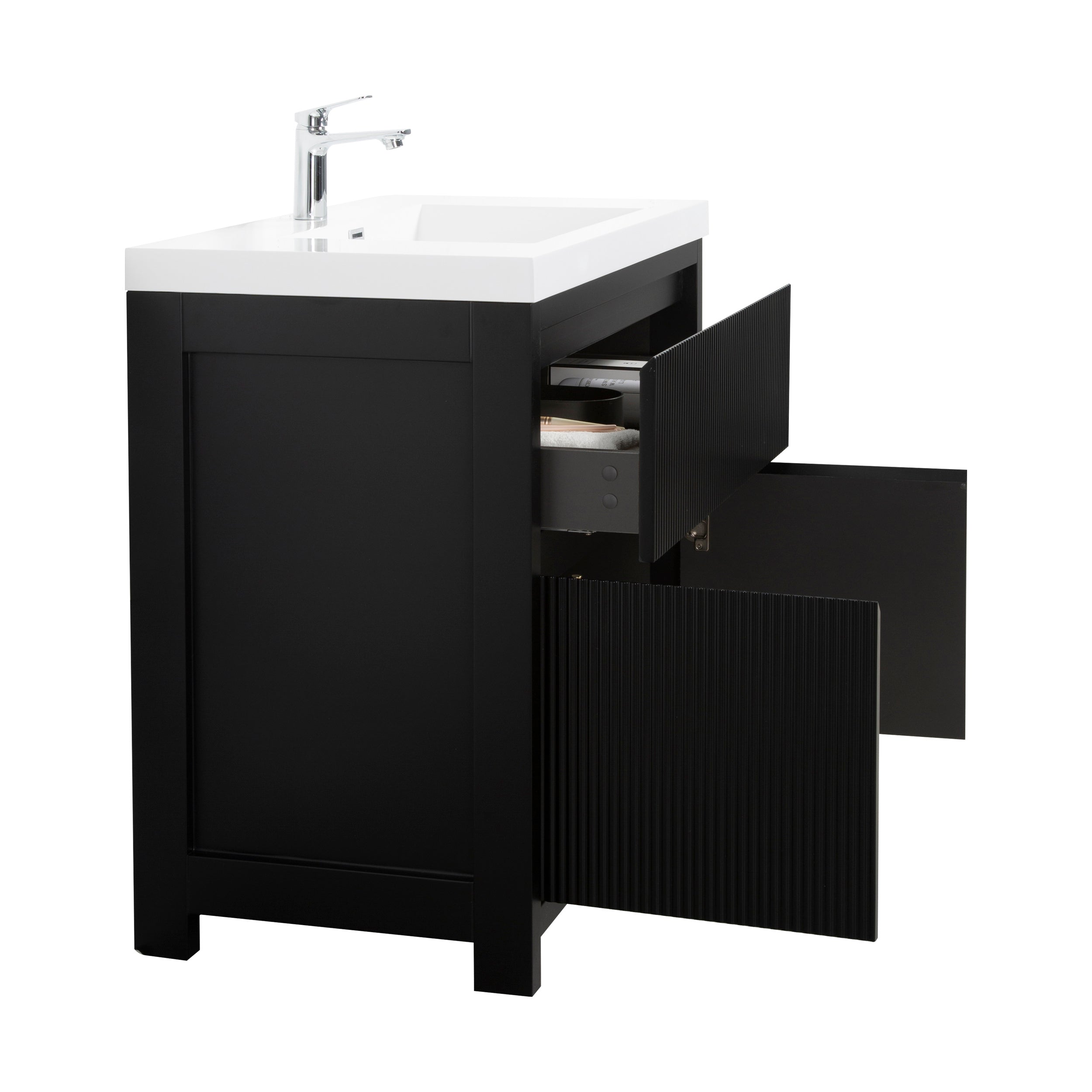 Neos 23.5 Matte Black Cabinet, Square Cultured Marble Sink, Free Standing Modern Vanity Set