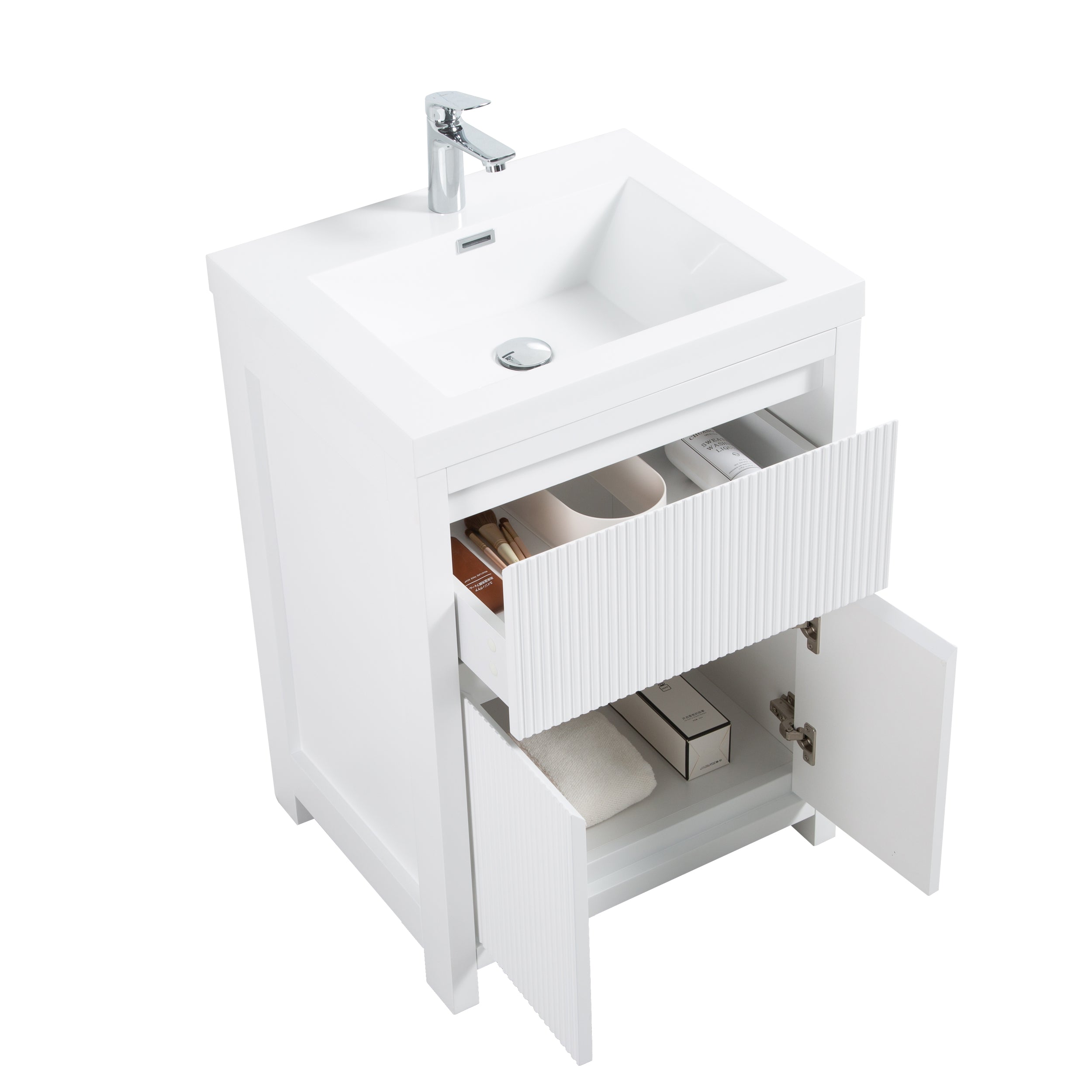 Neos 23.5 Matte White Cabinet, Square Cultured Marble Sink, Free Standing Modern Vanity Set