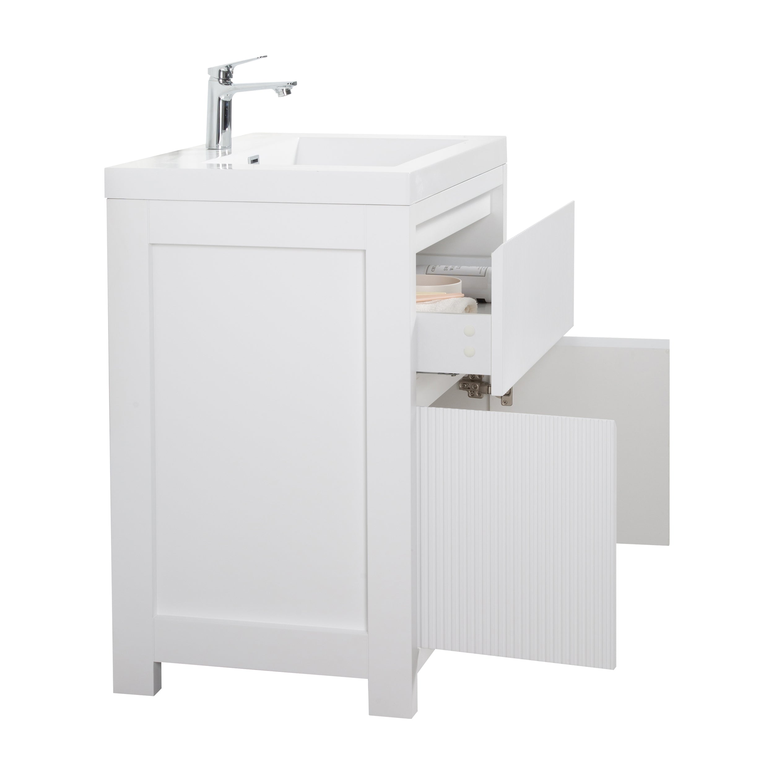 Neos 23.5 Matte White Cabinet, Square Cultured Marble Sink, Free Standing Modern Vanity Set