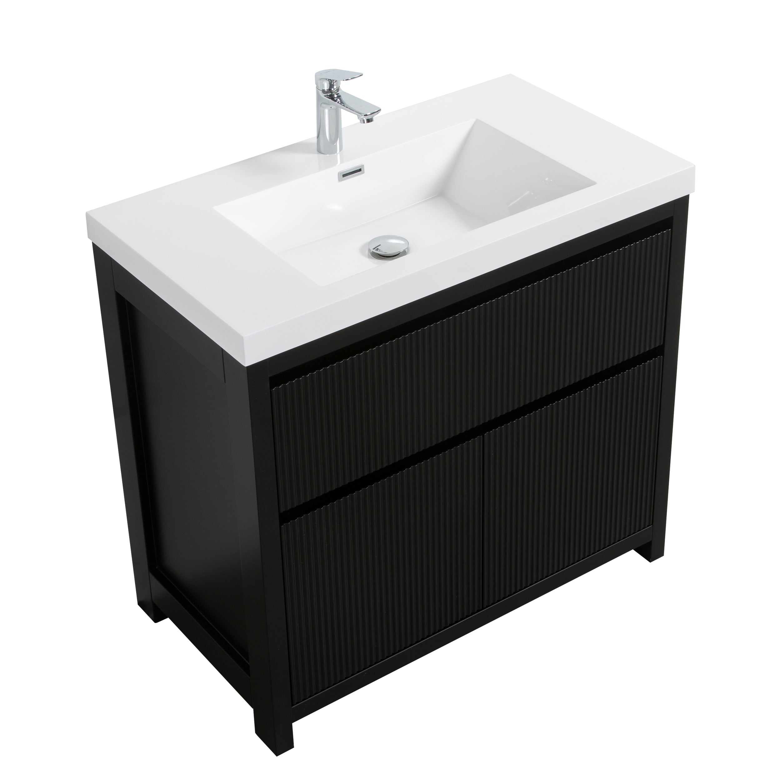 Neos 29.5 Matte Black Cabinet, Square Cultured Marble Sink, Free Standing Modern Vanity Set