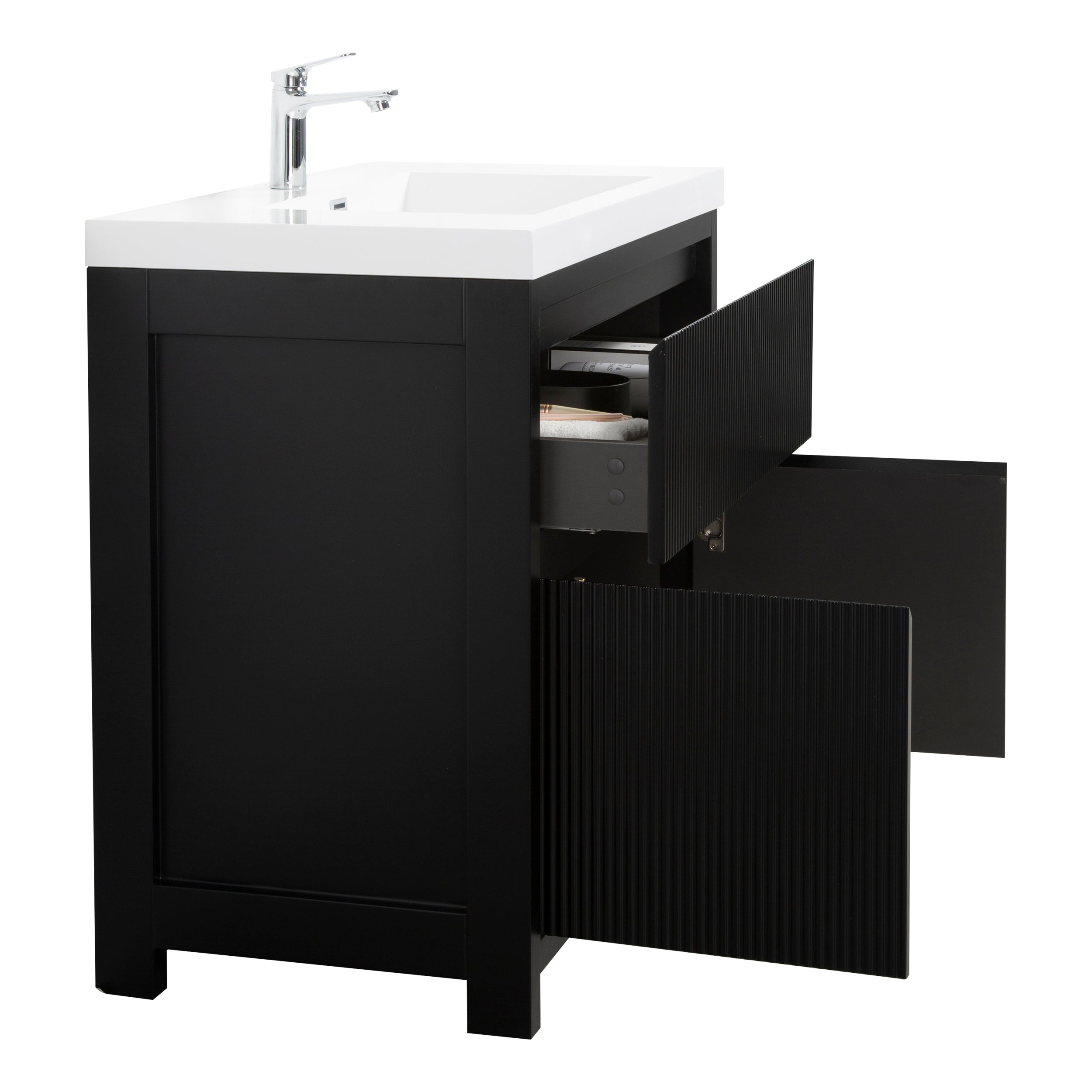 Neos 29.5 Matte Black Cabinet, Square Cultured Marble Sink, Free Standing Modern Vanity Set