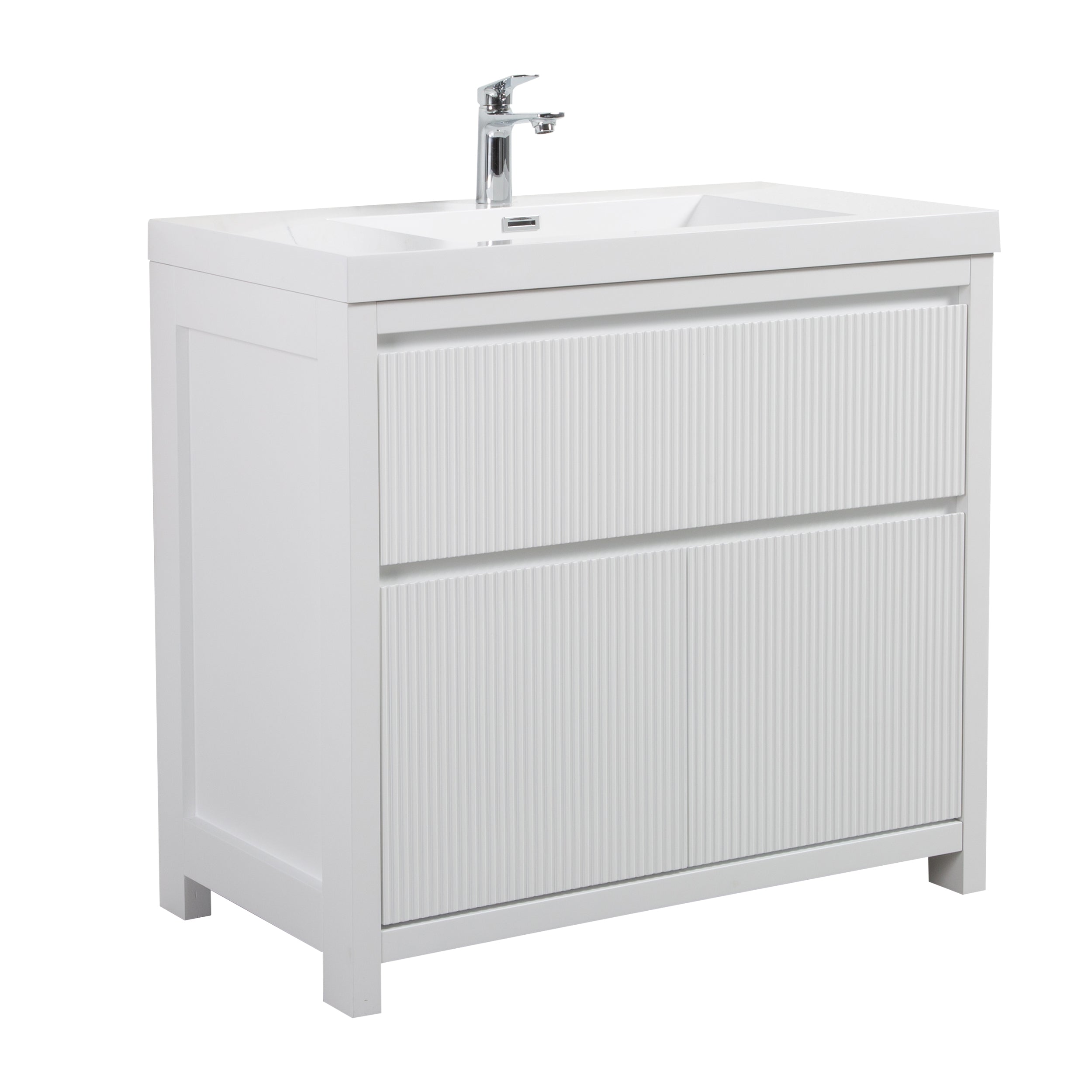 Neos 29.5 Matte White Cabinet, Square Cultured Marble Sink, Free Standing Modern Vanity Set 