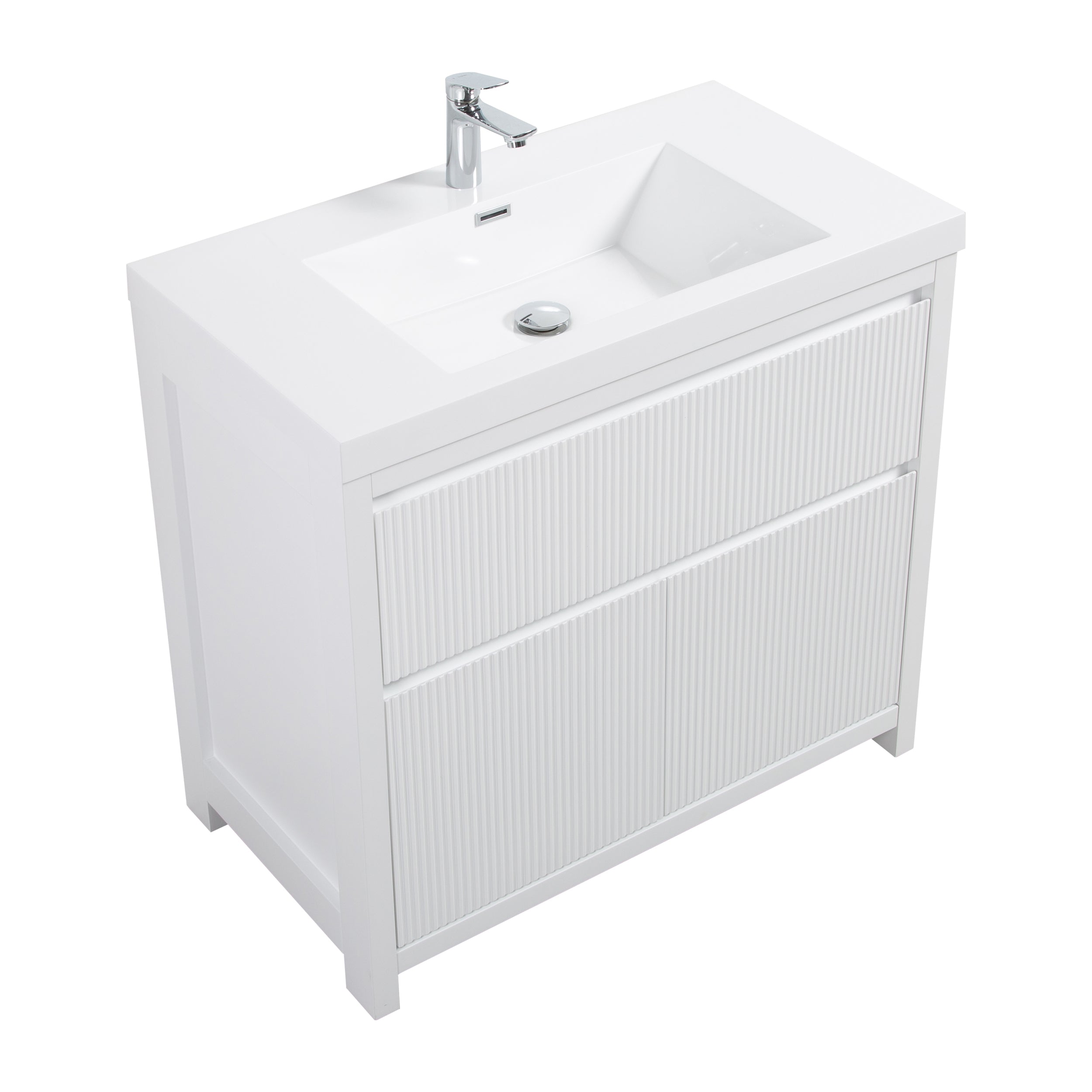 Neos 29.5 Matte White Cabinet, Square Cultured Marble Sink, Free Standing Modern Vanity Set 