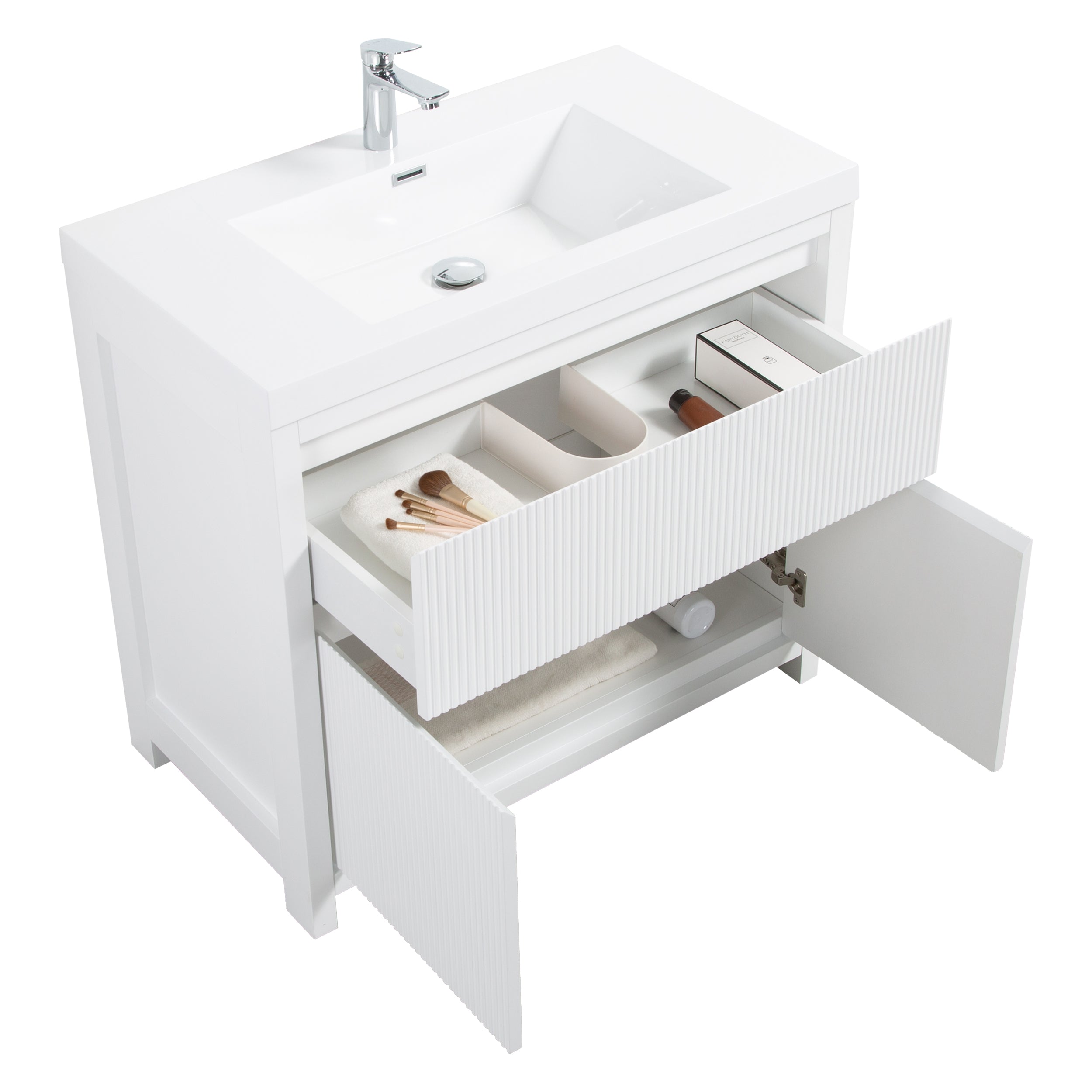 Neos 29.5 Matte White Cabinet, Square Cultured Marble Sink, Free Standing Modern Vanity Set