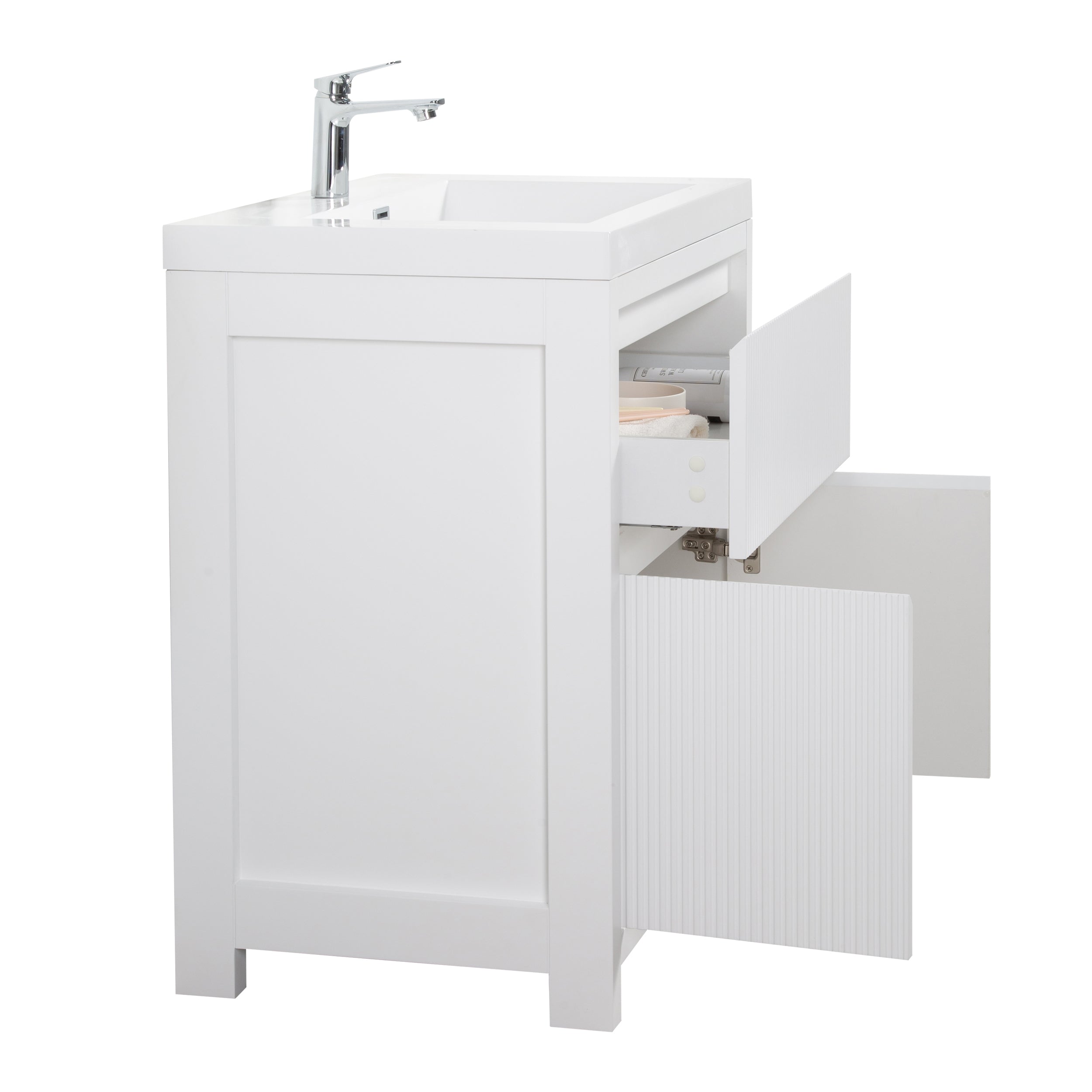 Neos 29.5 Matte White Cabinet, Square Cultured Marble Sink, Free Standing Modern Vanity Set
