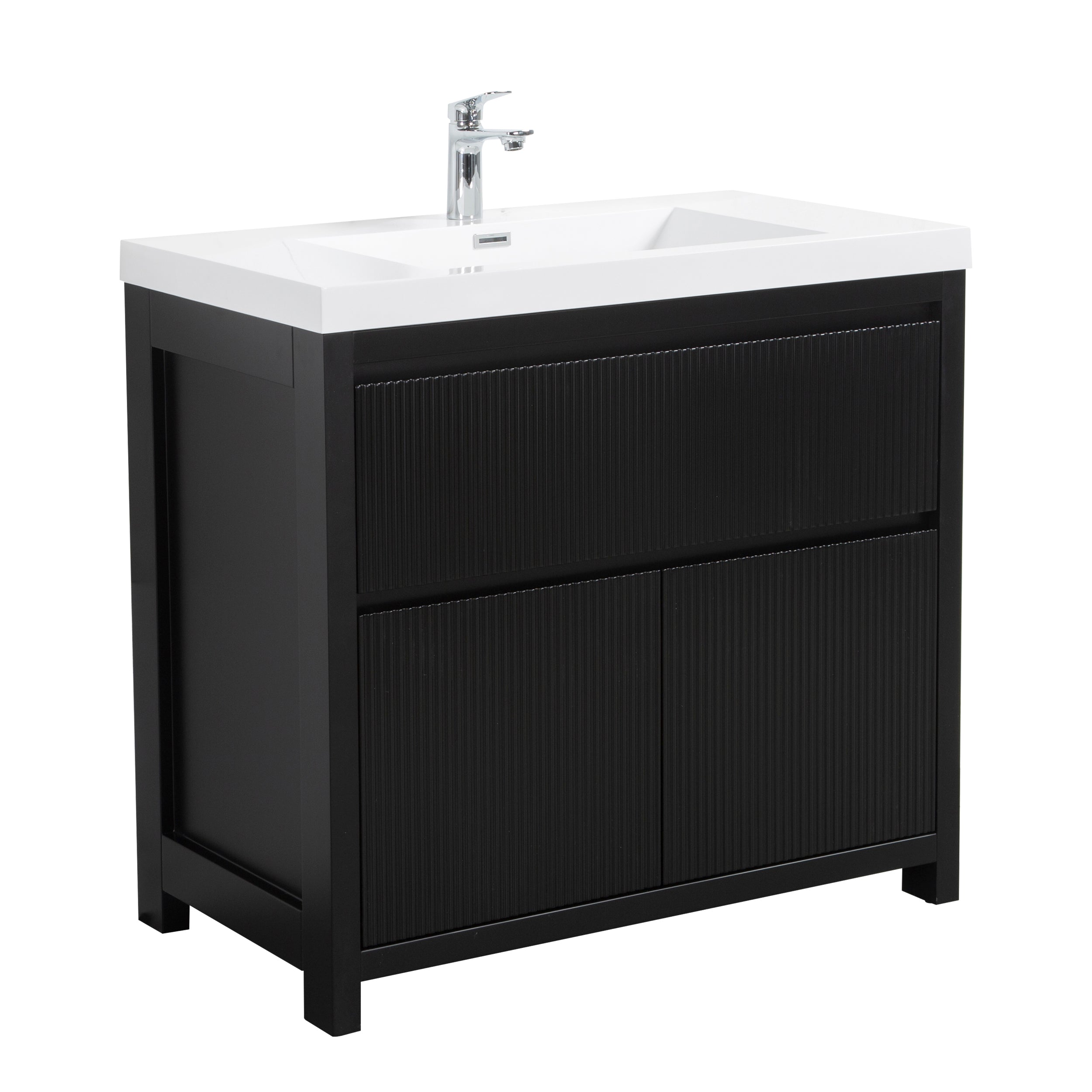 Neos 35.5 Matte Black Cabinet, Square Cultured Marble Sink, Free Standing Modern Vanity Set