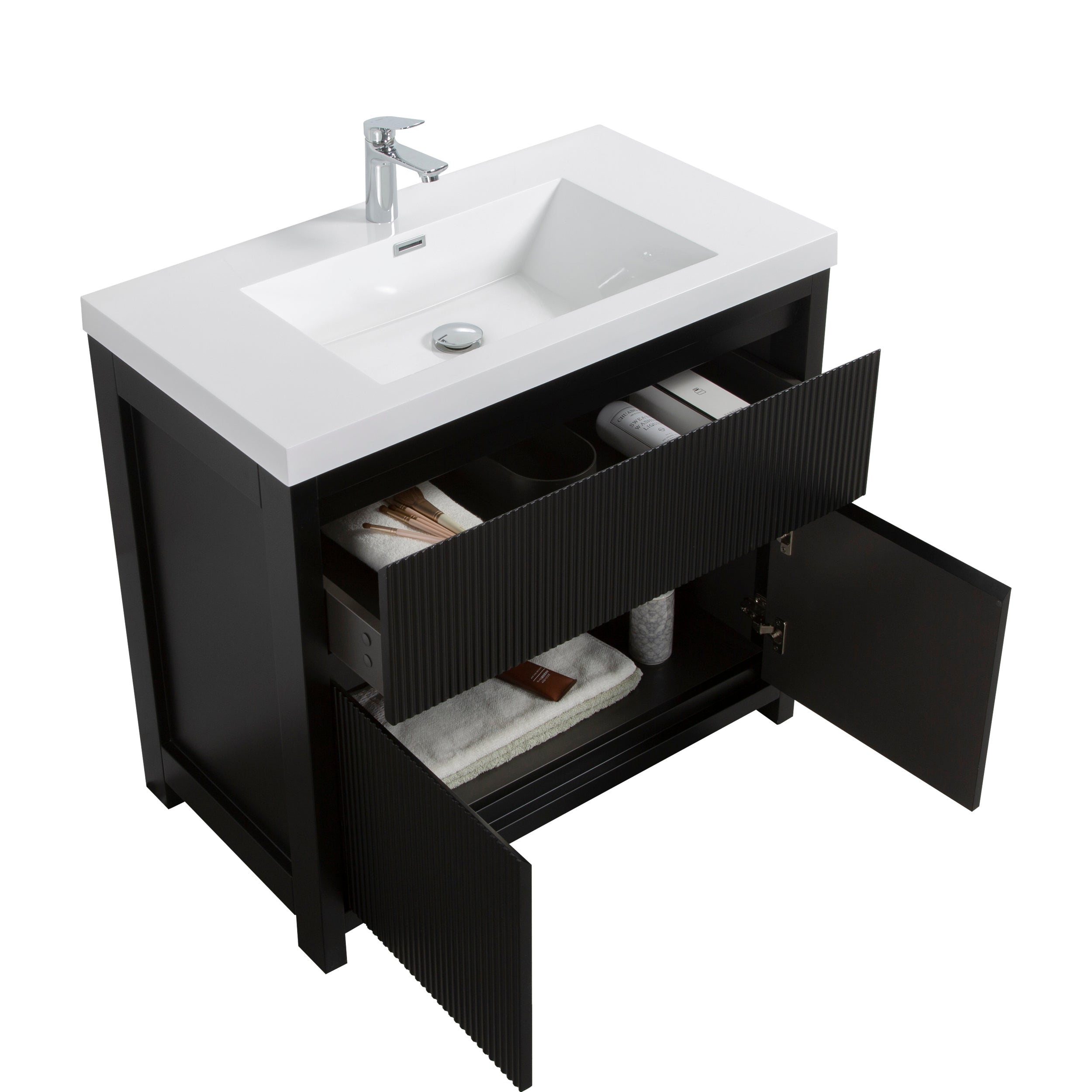 Neos 35.5 Matte Black Cabinet, Square Cultured Marble Sink, Free Standing Modern Vanity Set