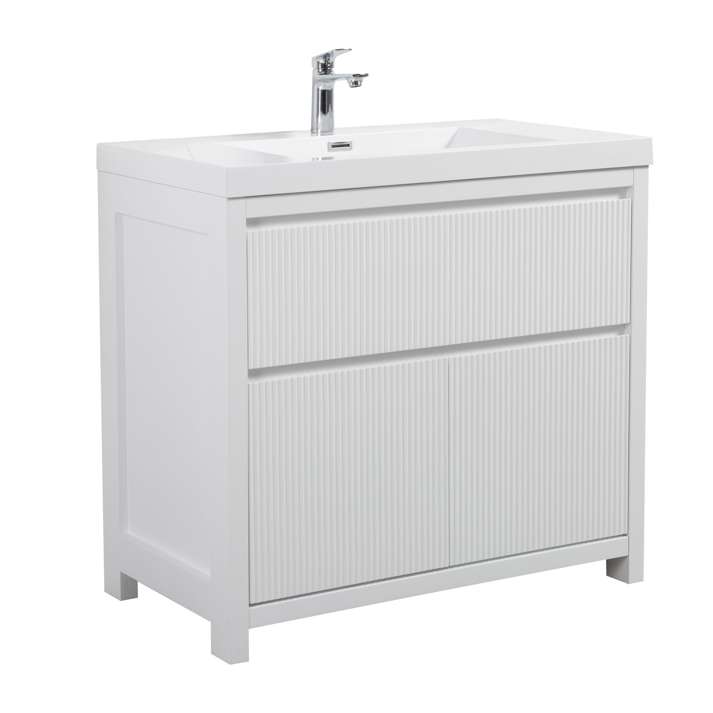 Neos 35.5 Matte White Cabinet, Square Cultured Marble Sink, Free Standing Modern Vanity Set
