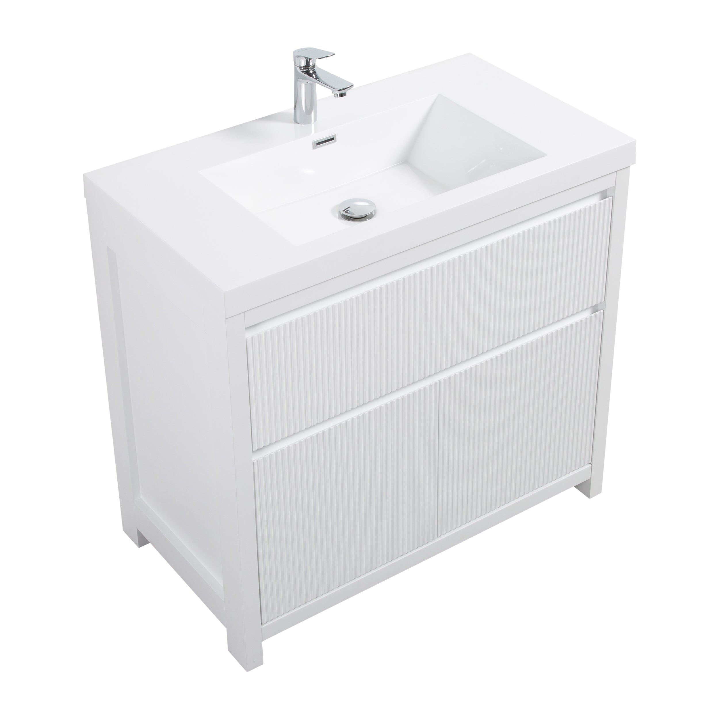 Neos 35.5 Matte White Cabinet, Square Cultured Marble Sink, Free Standing Modern Vanity Set