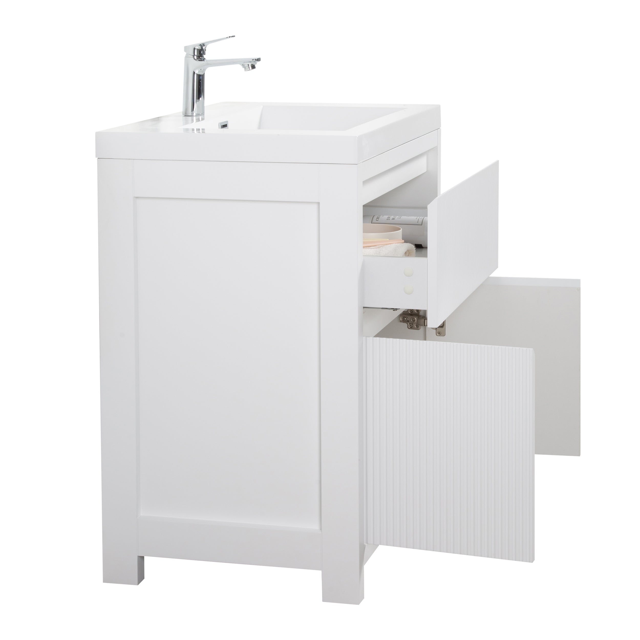 Neos 35.5 Matte White Cabinet, Square Cultured Marble Sink, Free Standing Modern Vanity Set