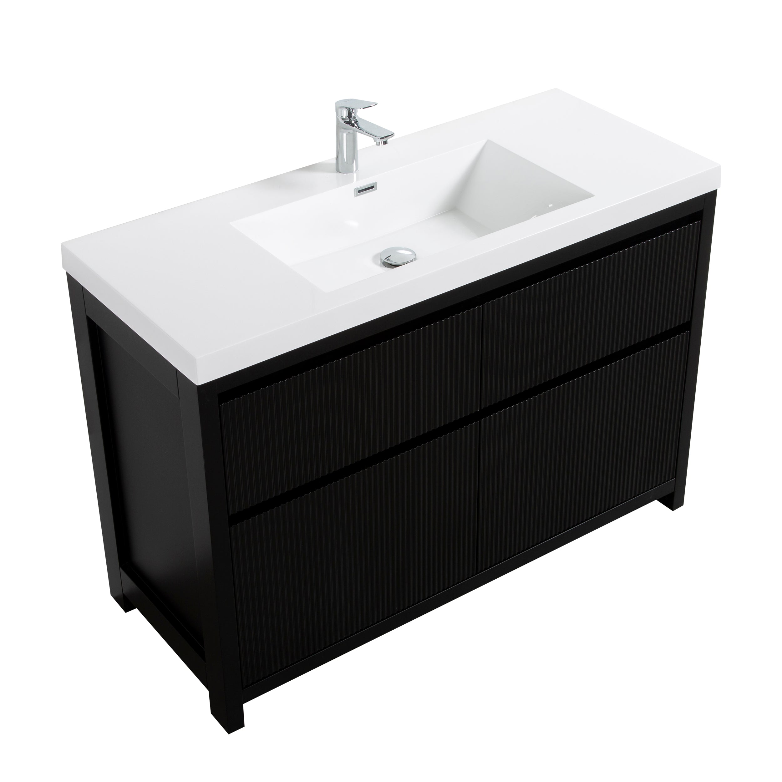 Neos 47.5 Matte Black Cabinet, Square Cultured Marble Sink, Free Standing Modern Vanity Set