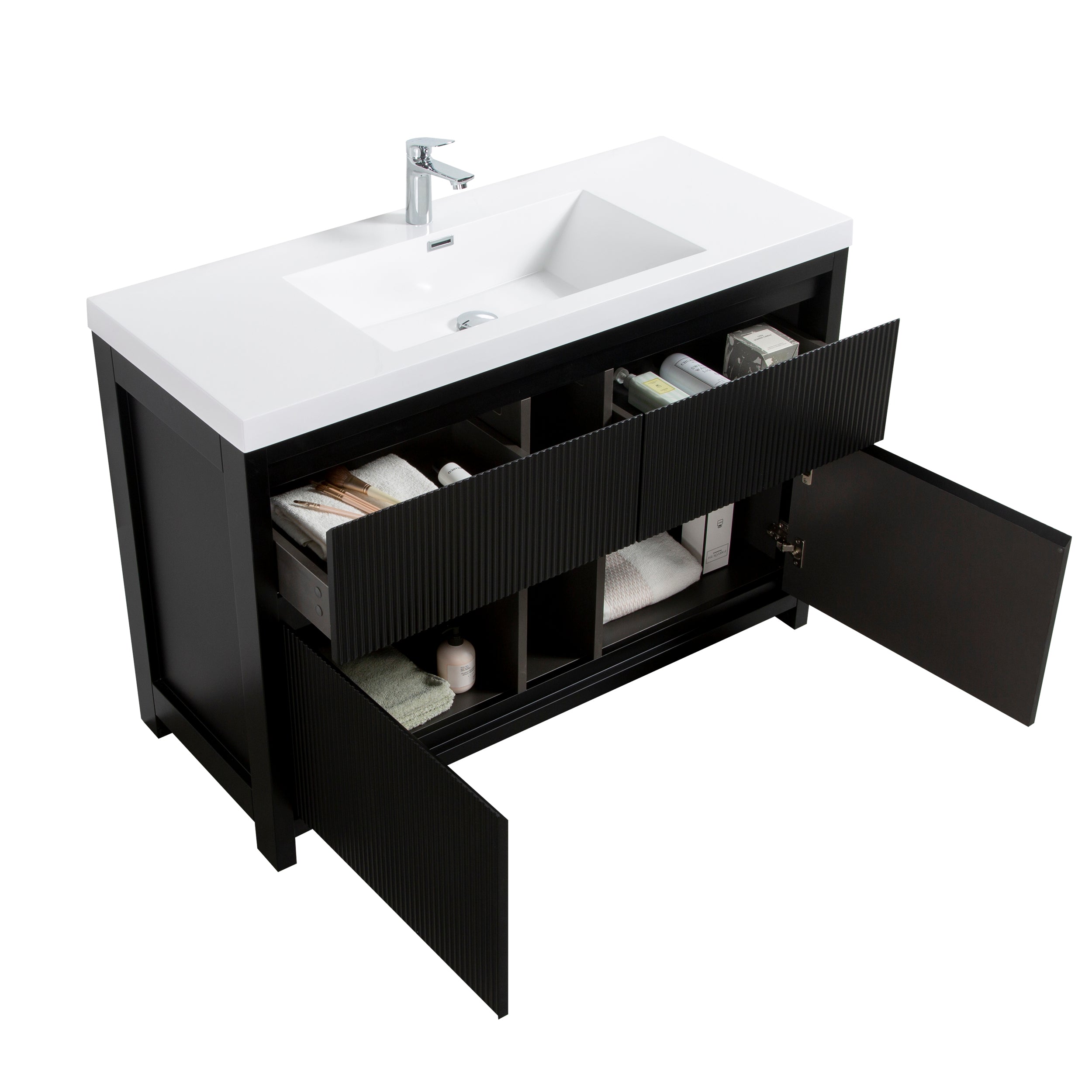 Neos 47.5 Matte Black Cabinet, Square Cultured Marble Sink, Free Standing Modern Vanity Set