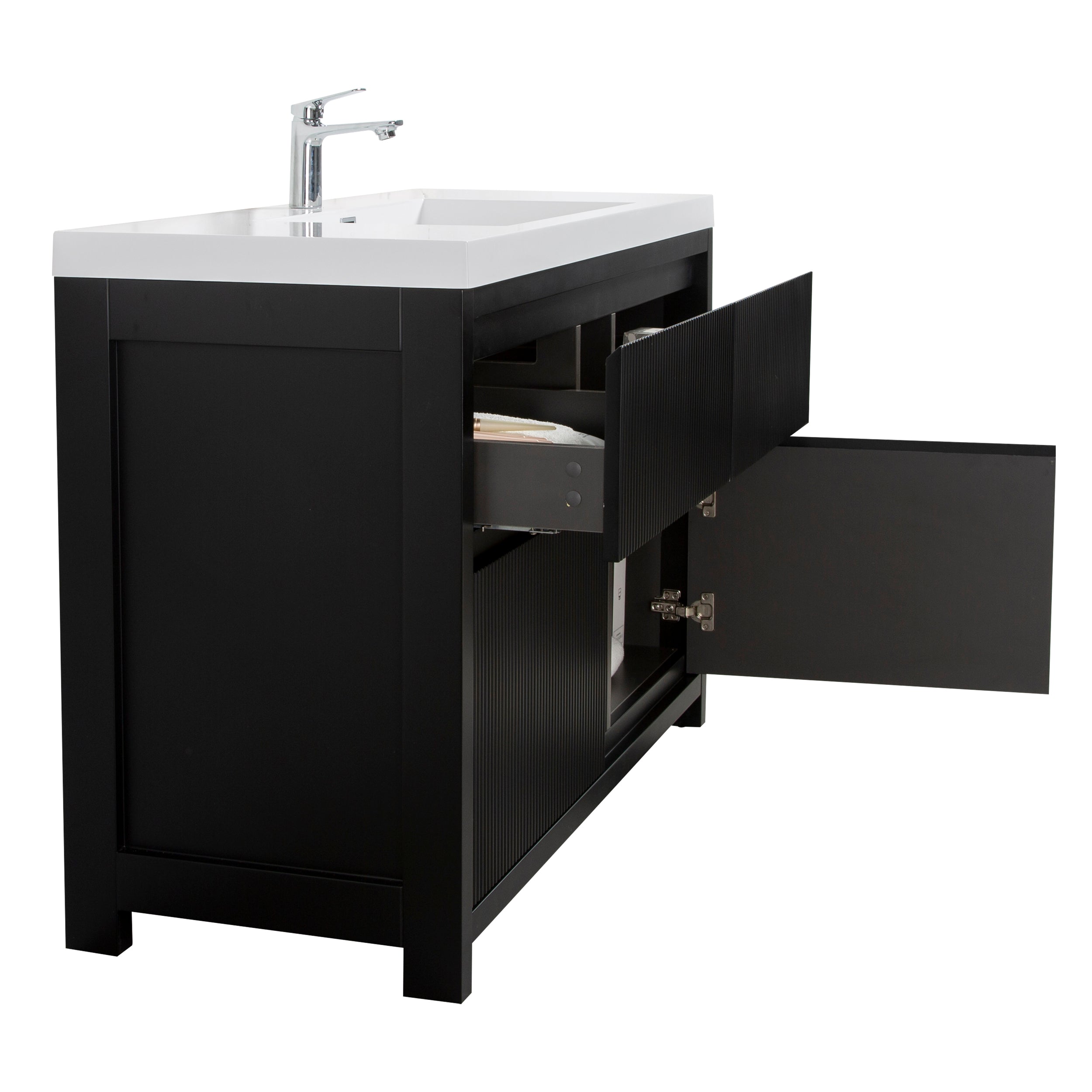 Neos 47.5 Matte Black Cabinet, Square Cultured Marble Sink, Free Standing Modern Vanity Set