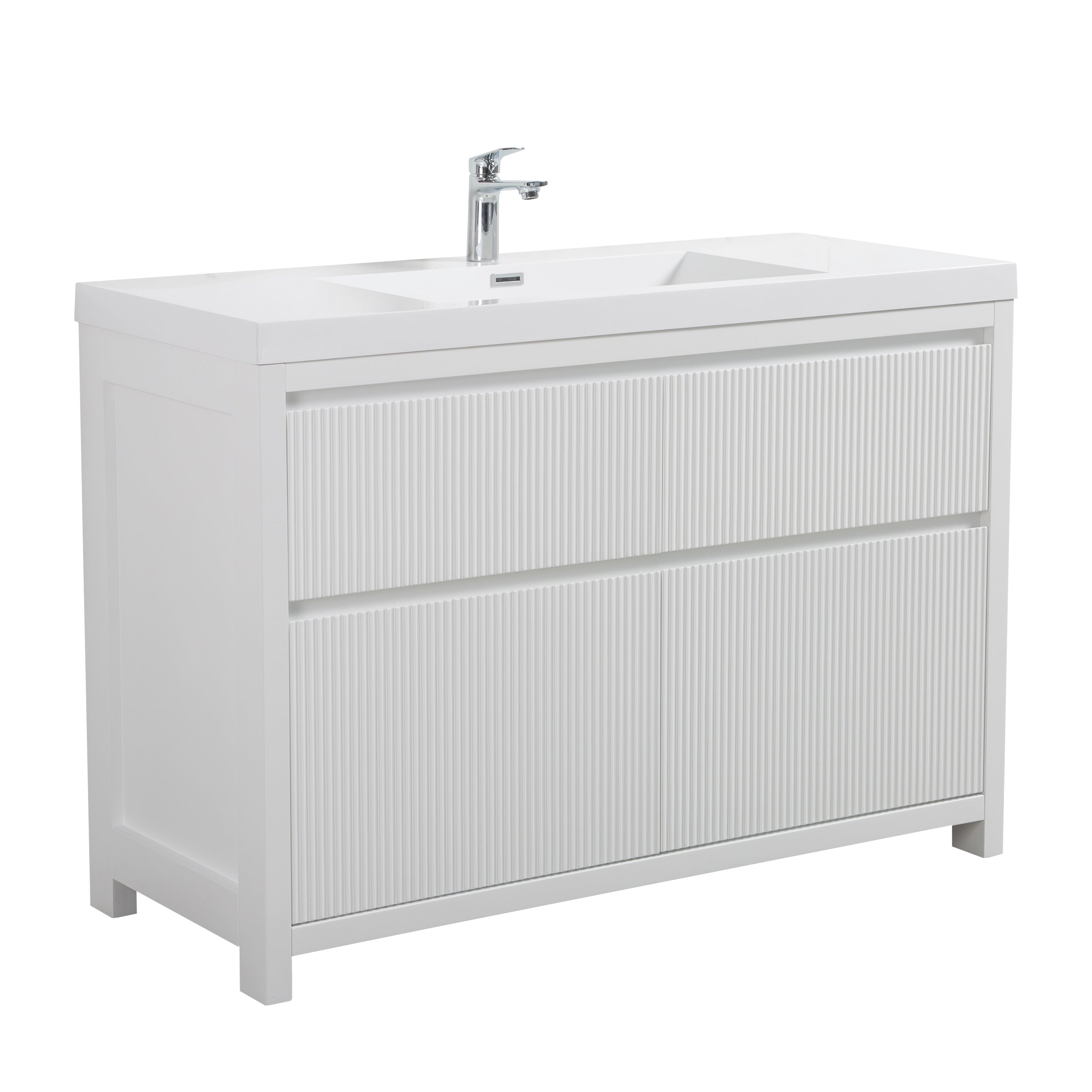 Neos 47.5 Matte White Cabinet, Square Cultured Marble Sink, Free Standing Modern Vanity Set 