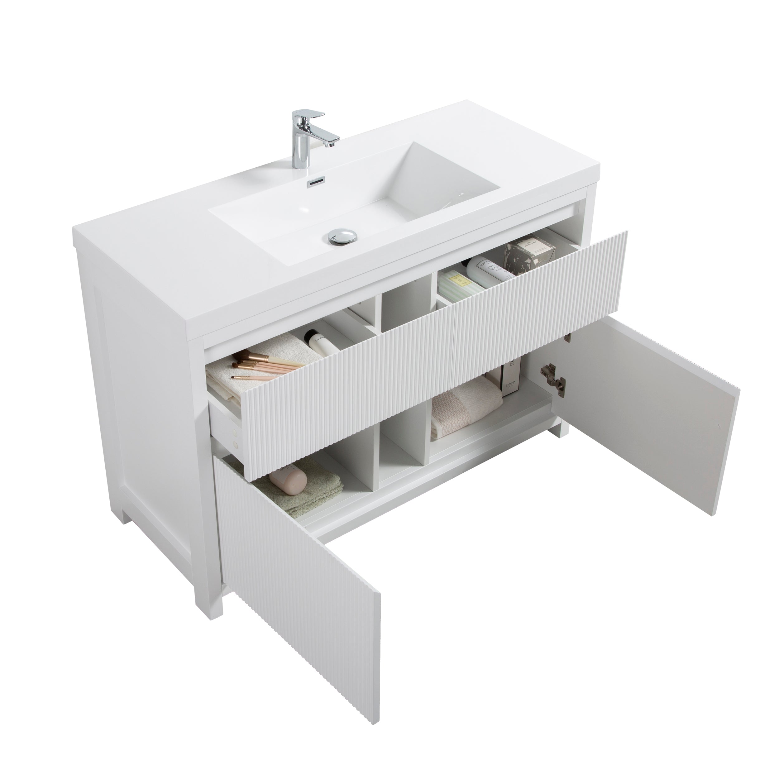 Neos 47.5 Matte White Cabinet, Square Cultured Marble Sink, Free Standing Modern Vanity Set