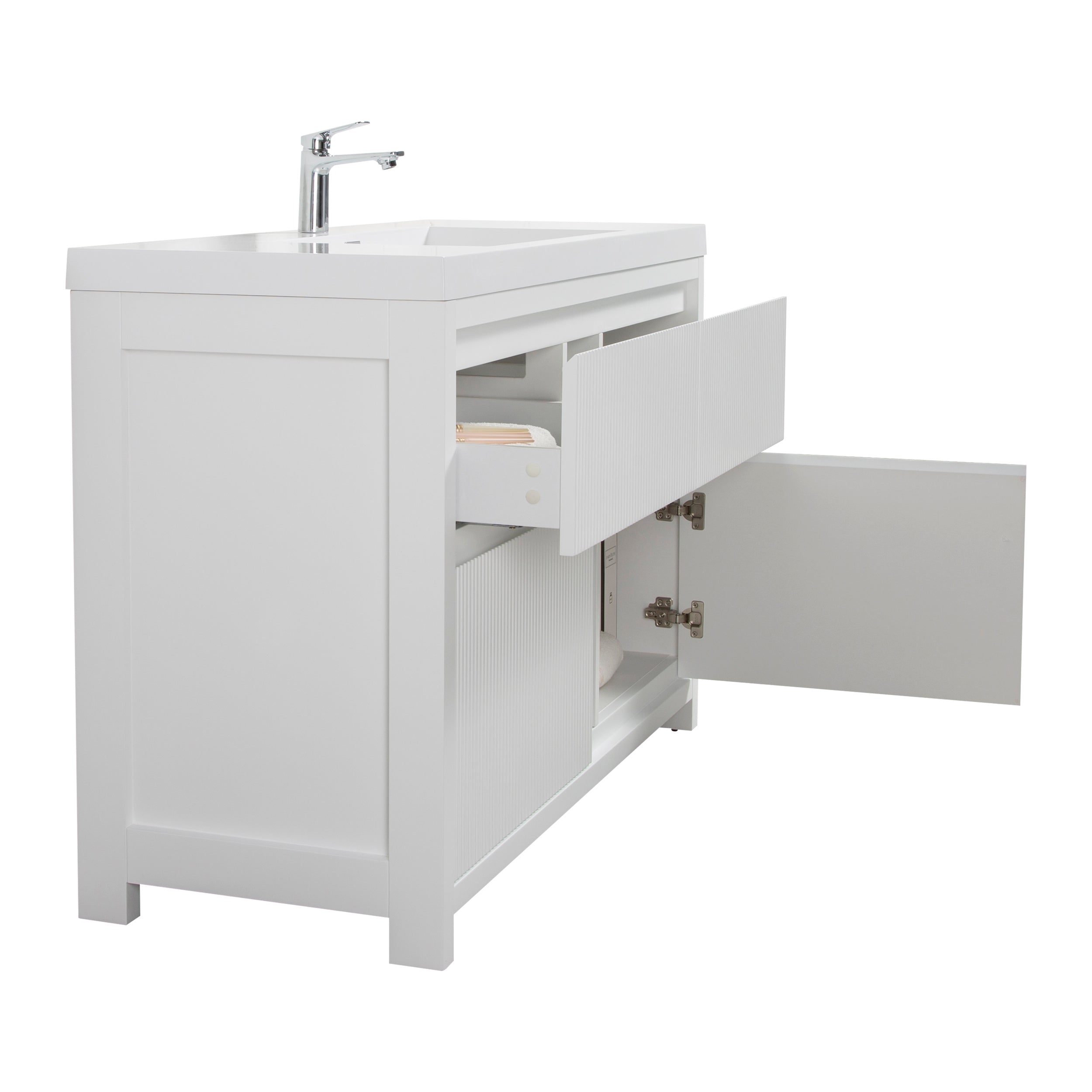 Neos 47.5 Matte White Cabinet, Square Cultured Marble Sink, Free Standing Modern Vanity Set
