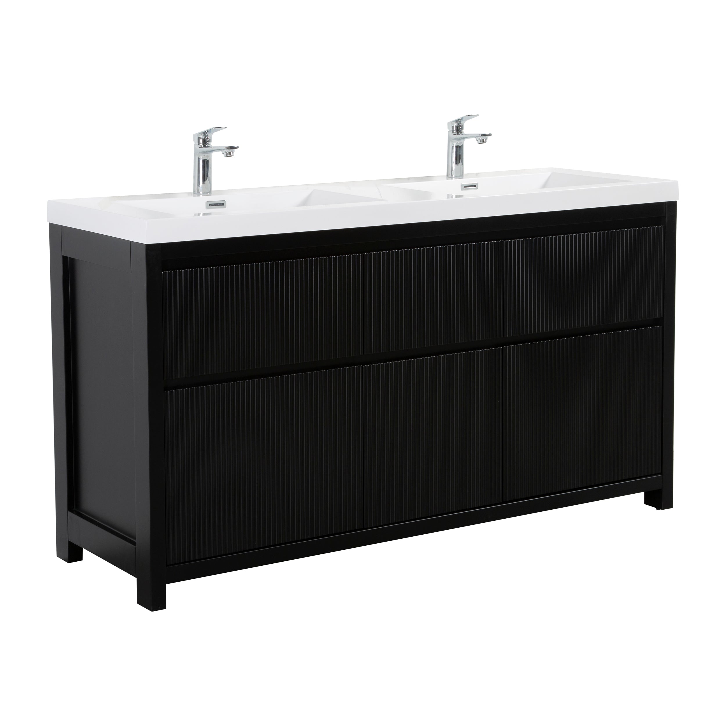 Neos 59 Matte Black Cabinet, Square Cultured Marble Double Sink, Free Standing Modern Vanity Set 