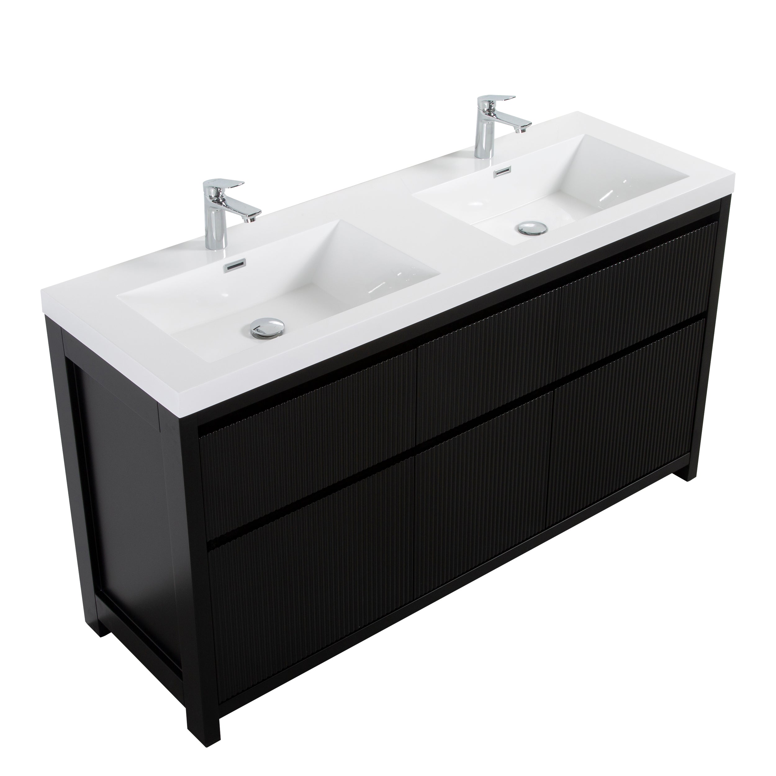 Neos 59 Matte Black Cabinet, Square Cultured Marble Double Sink, Free Standing Modern Vanity Set