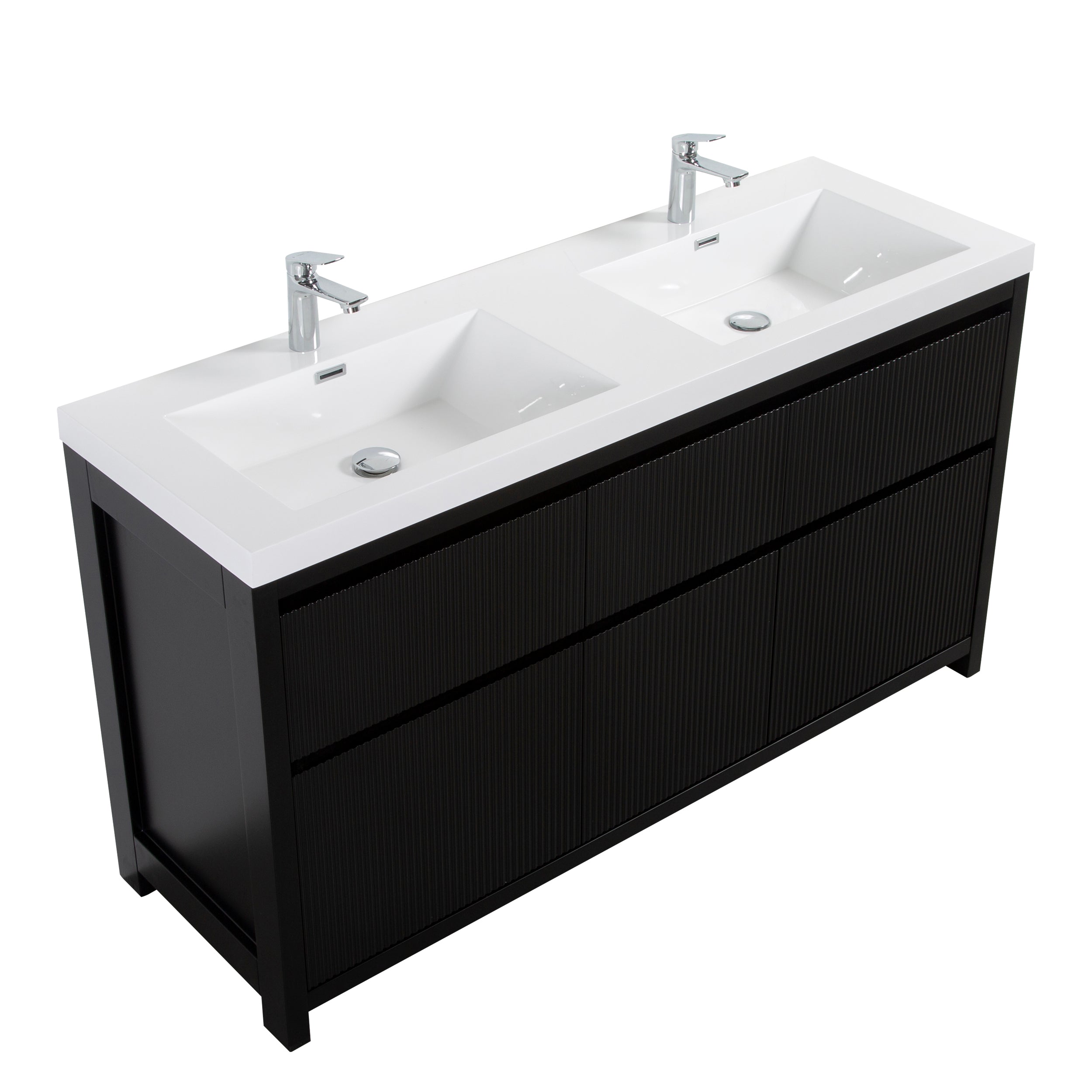 Neos 59 Matte Black Cabinet, Square Cultured Marble Double Sink, Free Standing Modern Vanity Set 