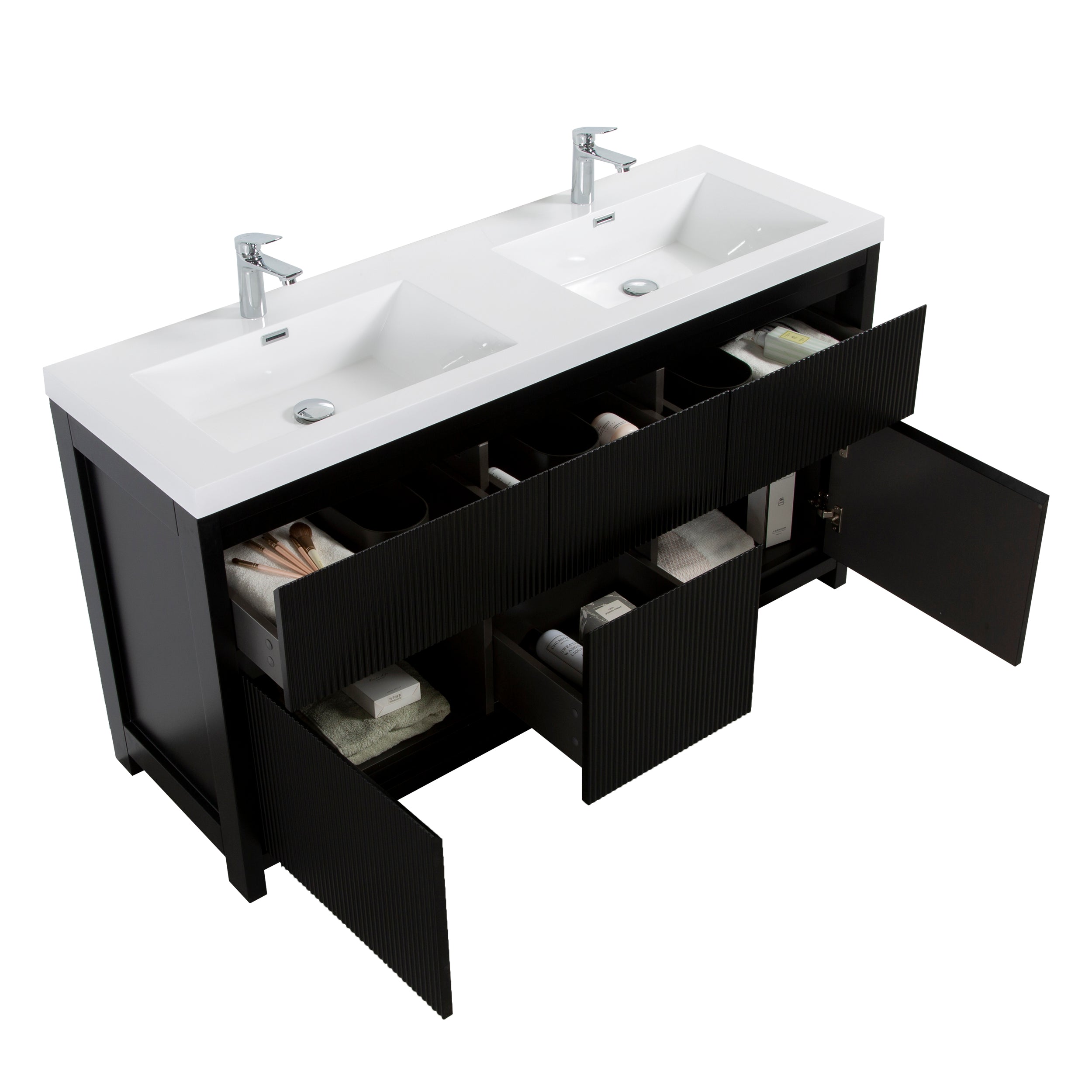 Neos 59 Matte Black Cabinet, Square Cultured Marble Double Sink, Free Standing Modern Vanity Set