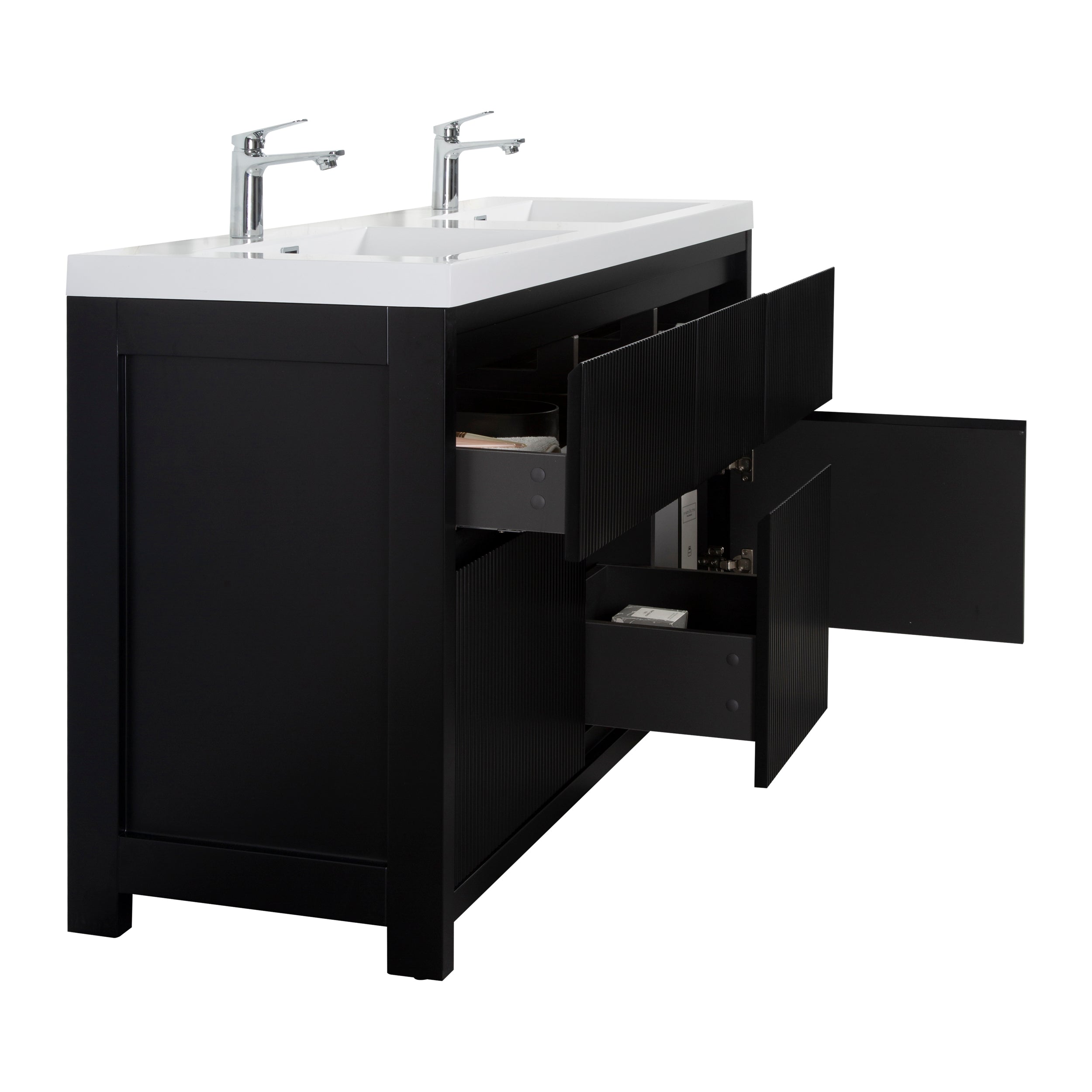 Neos 59 Matte Black Cabinet, Square Cultured Marble Double Sink, Free Standing Modern Vanity Set