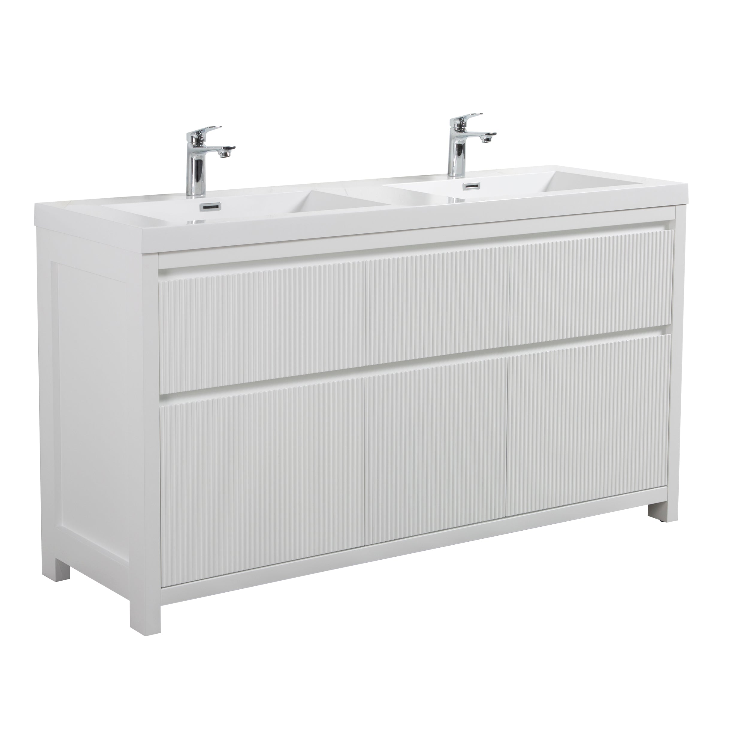 Neos 59 Matte White Cabinet, Square Cultured Marble Double Sink, Free Standing Modern Vanity Set