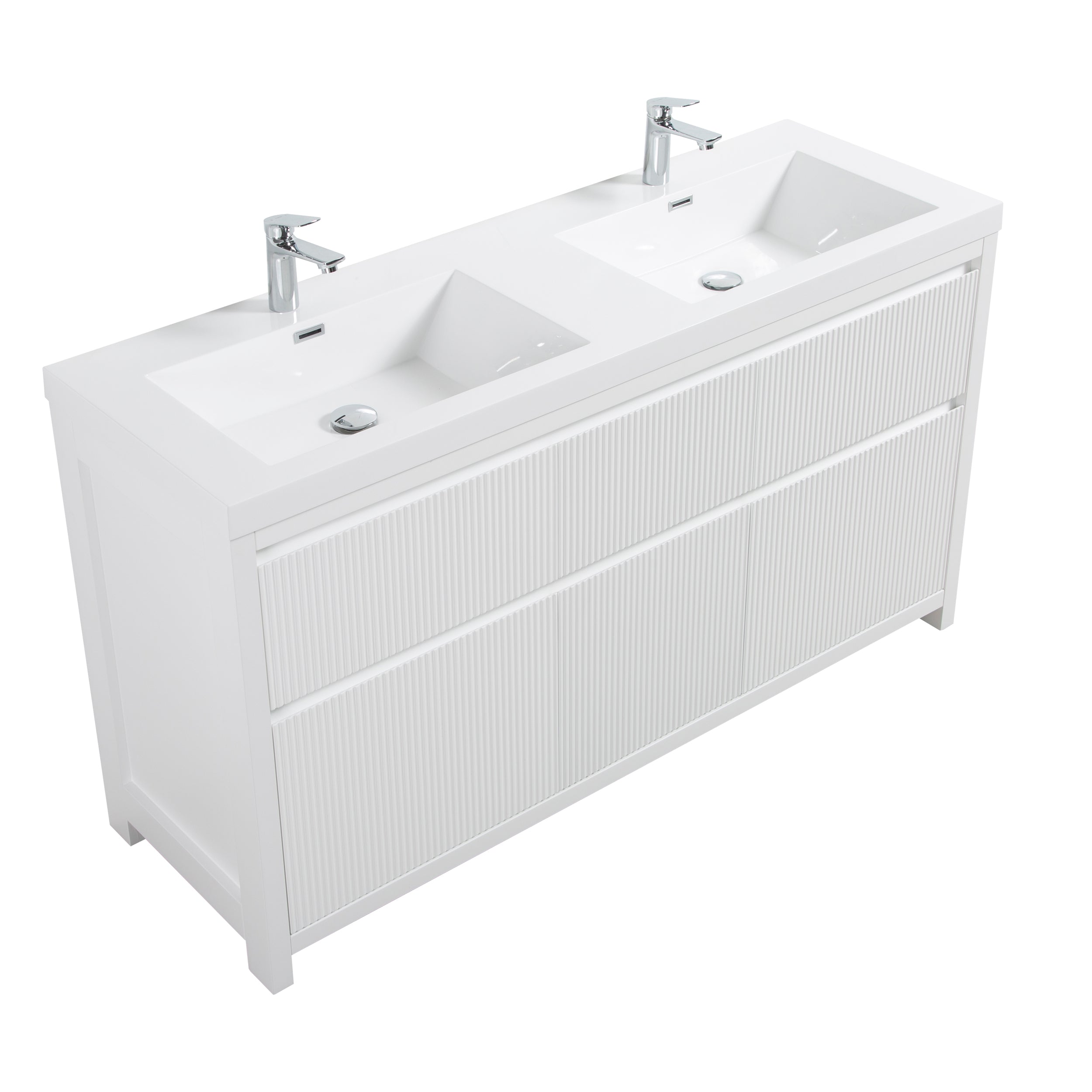 Neos 59 Matte White Cabinet, Square Cultured Marble Double Sink, Free Standing Modern Vanity Set