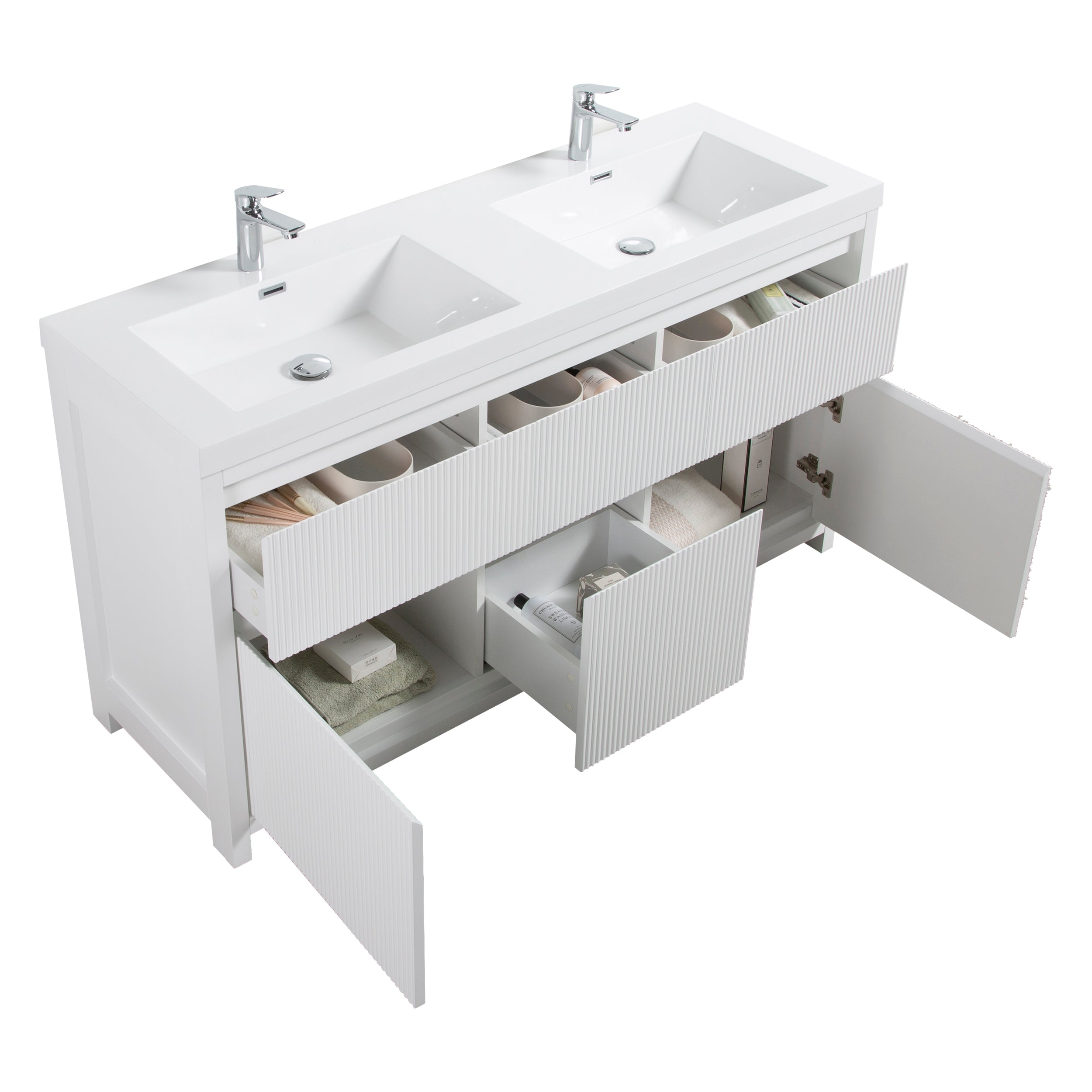 Neos 59 Matte White Cabinet, Square Cultured Marble Double Sink, Free Standing Modern Vanity Set