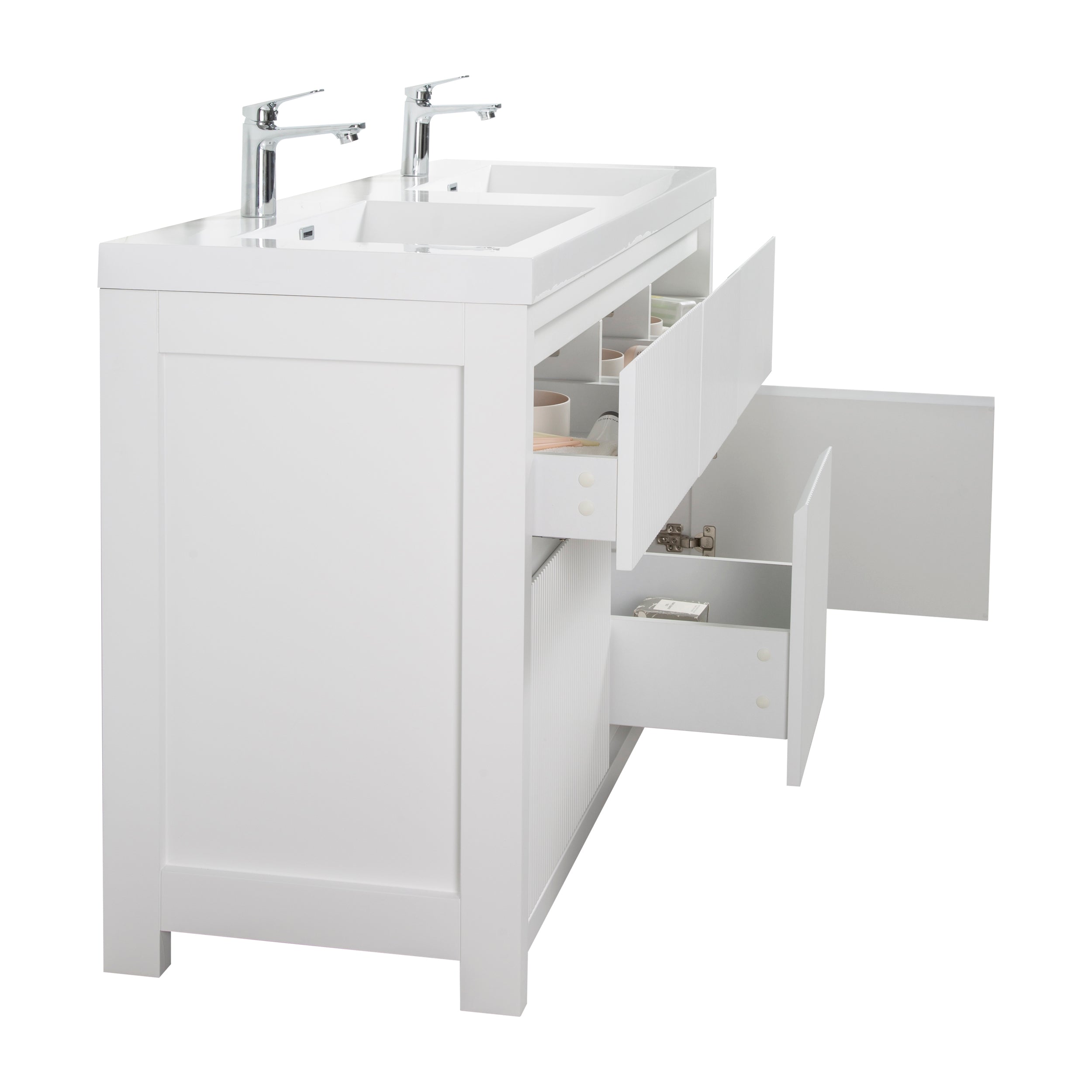 Neos 59 Matte White Cabinet, Square Cultured Marble Double Sink, Free Standing Modern Vanity Set