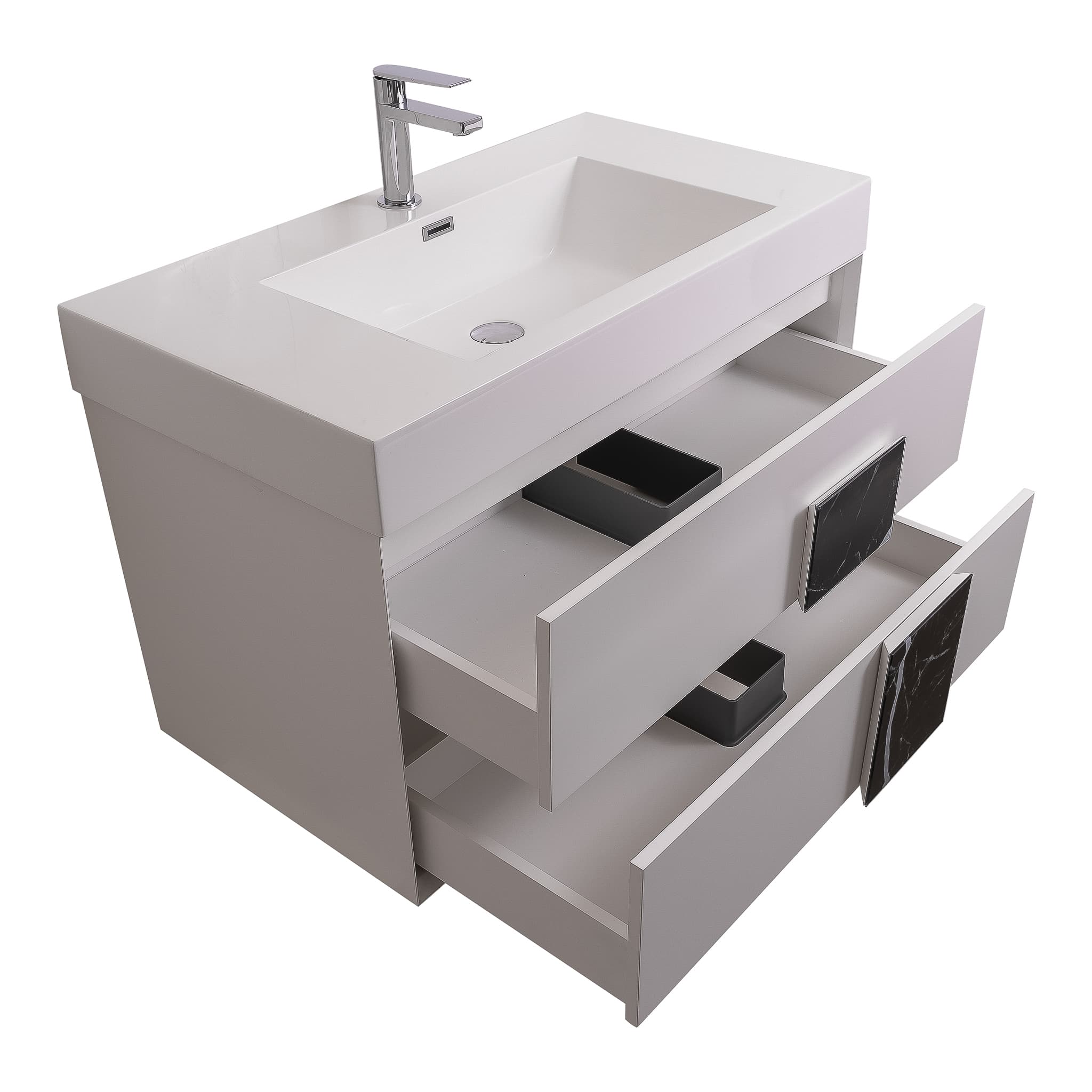 Piazza 31.5 Matte White With Black Marble Cabinet, Square Sink, Wall Mounted Modern Vanity Set