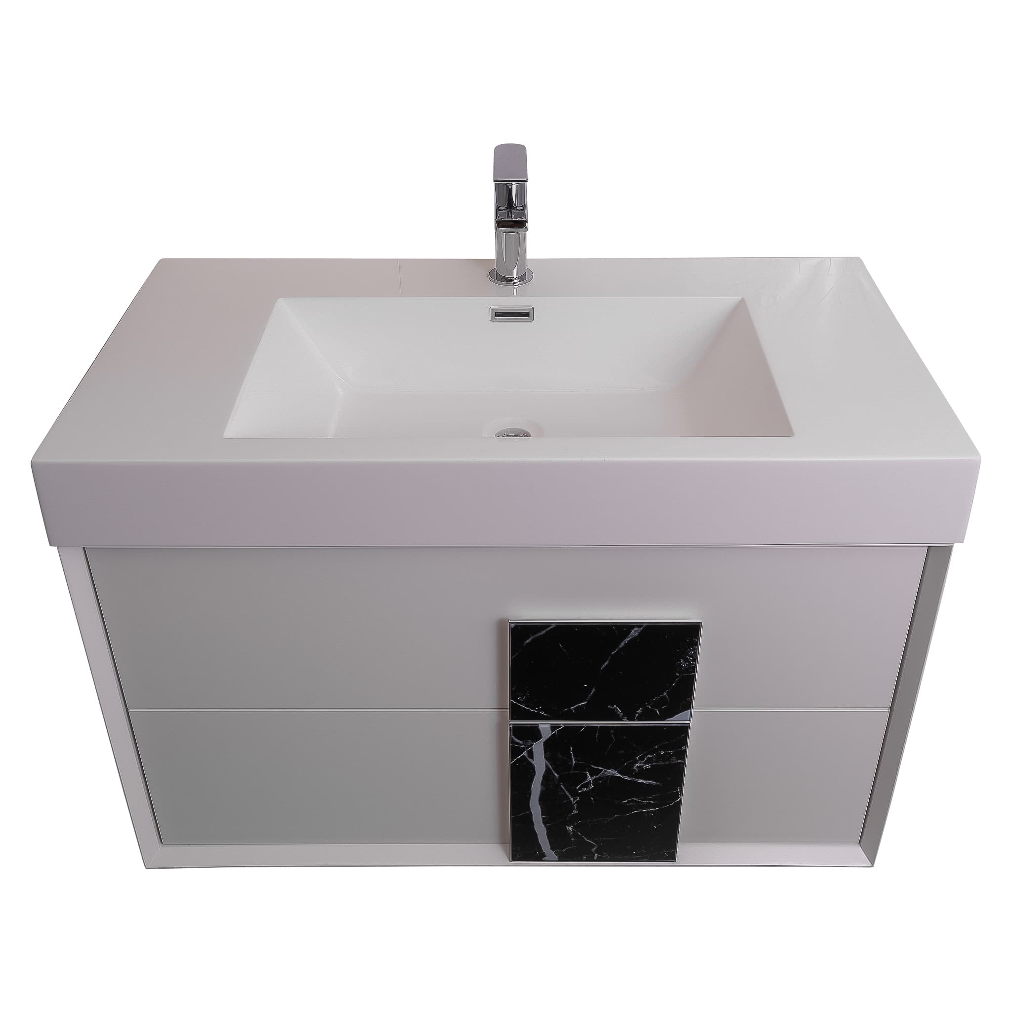 Piazza 31.5 Matte White With Black Marble Cabinet, Square Sink, Wall Mounted Modern Vanity Set