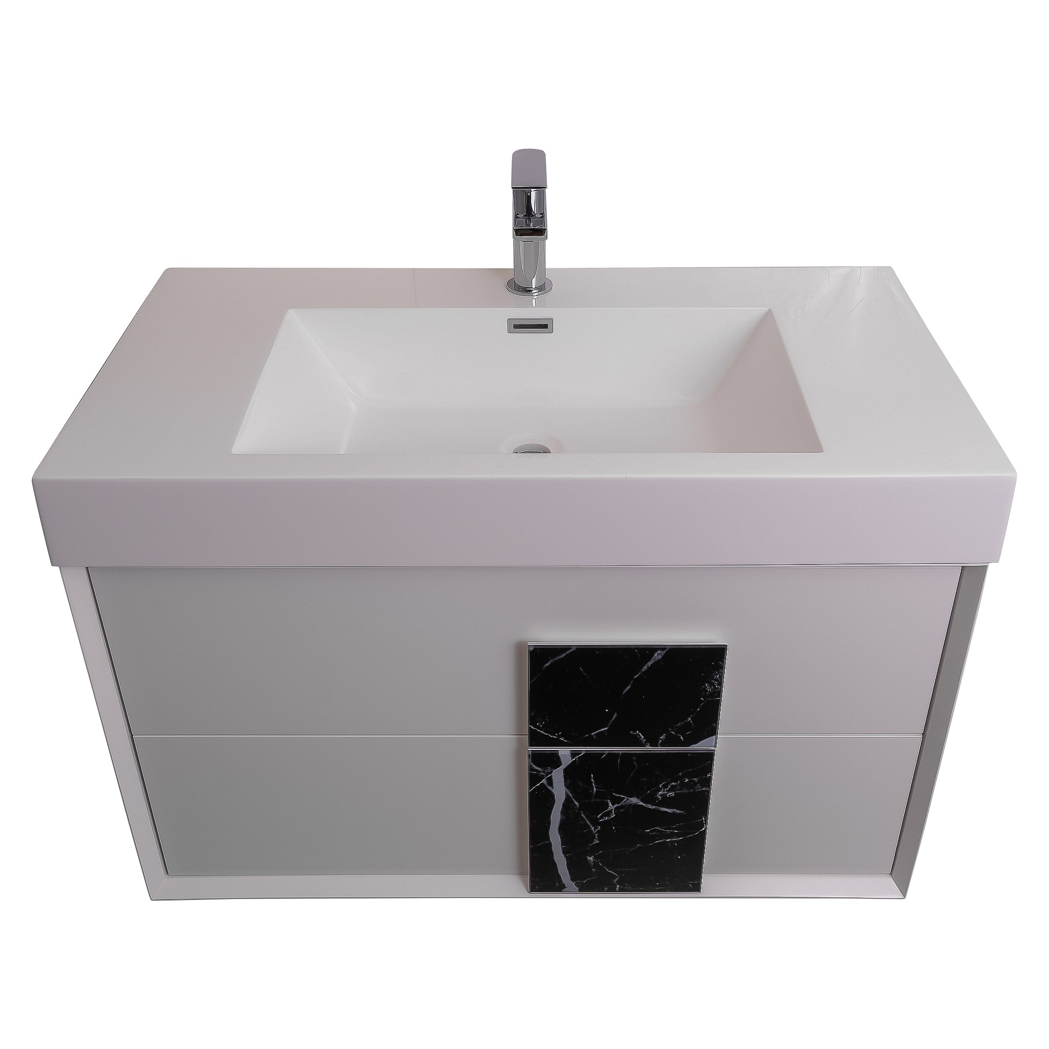 Piazza 31.5 Matte White With Black Marble, Square Sink, Wall Mounted Modern Vanity Set