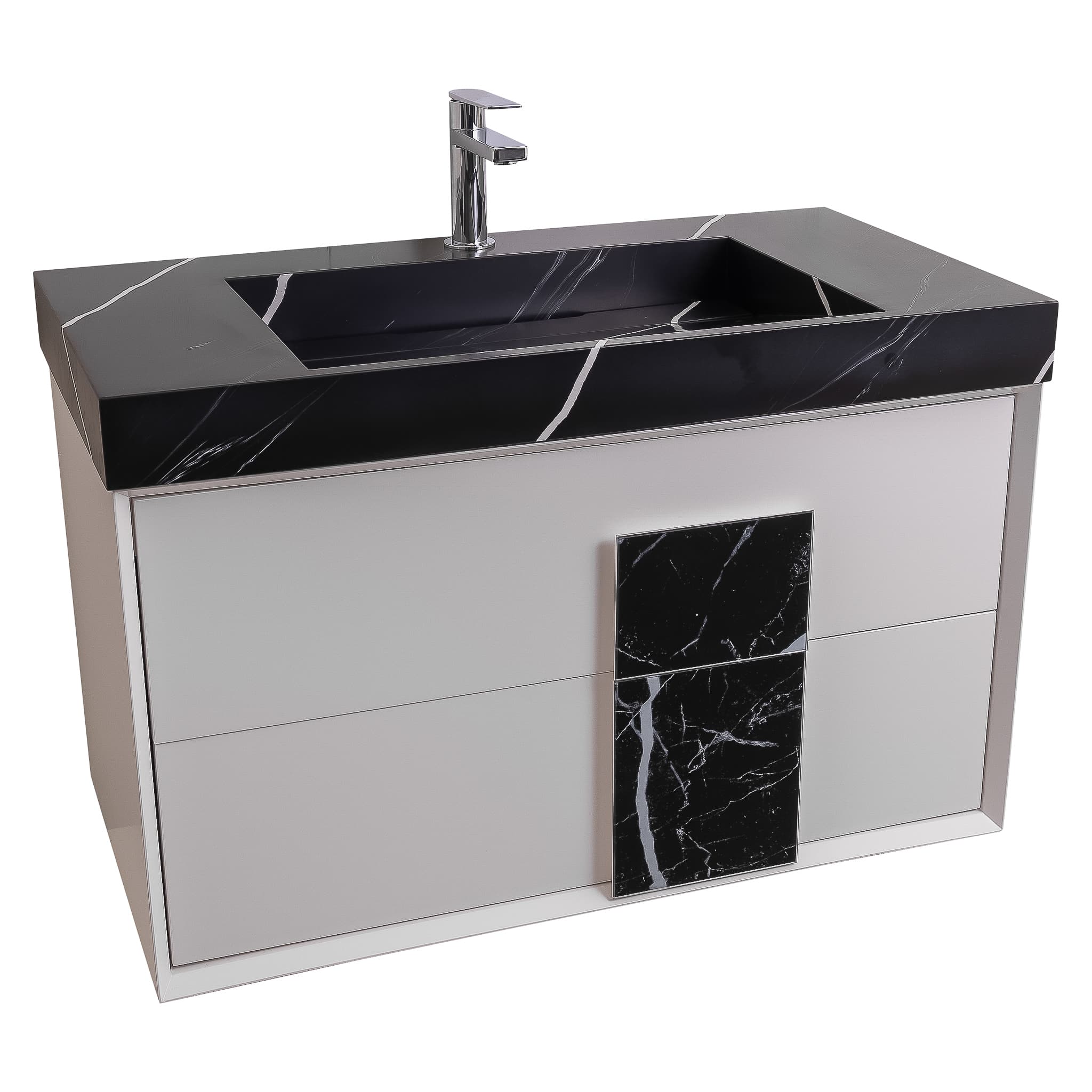 Piazza 31.5 Matte White With Black Marble Handle Cabinet, Solid Surface Matte Black Carrara Infinity Sink, Wall Mounted Modern Vanity Set