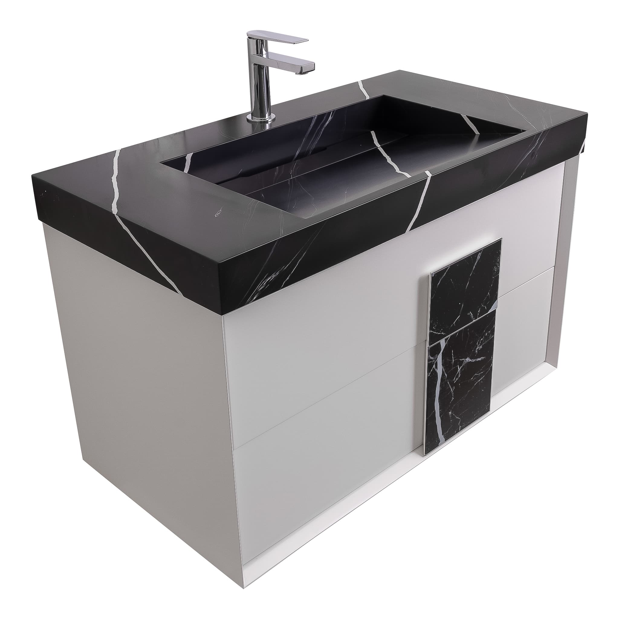 Piazza 31.5 Matte White With Black Marble Handle Cabinet, Solid Surface Matte Black Carrara Infinity Sink, Wall Mounted Modern Vanity Set