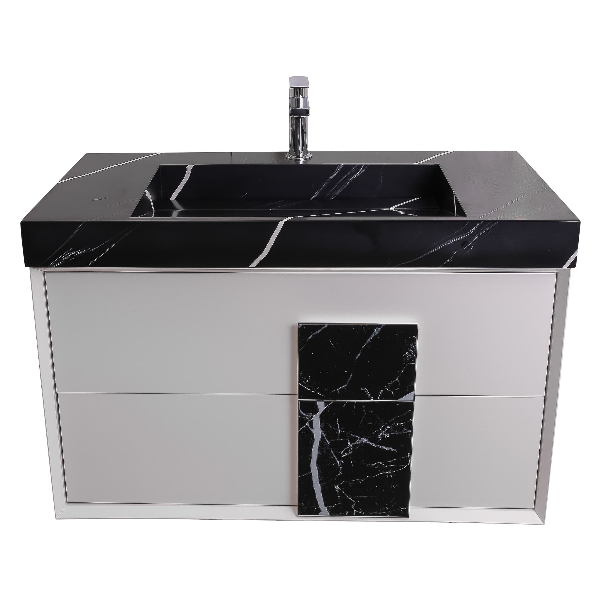 Piazza 31.5 Matte White With Black Marble Handle Cabinet, Solid Surface Matte Black Carrara Infinity Sink, Wall Mounted Modern Vanity Set