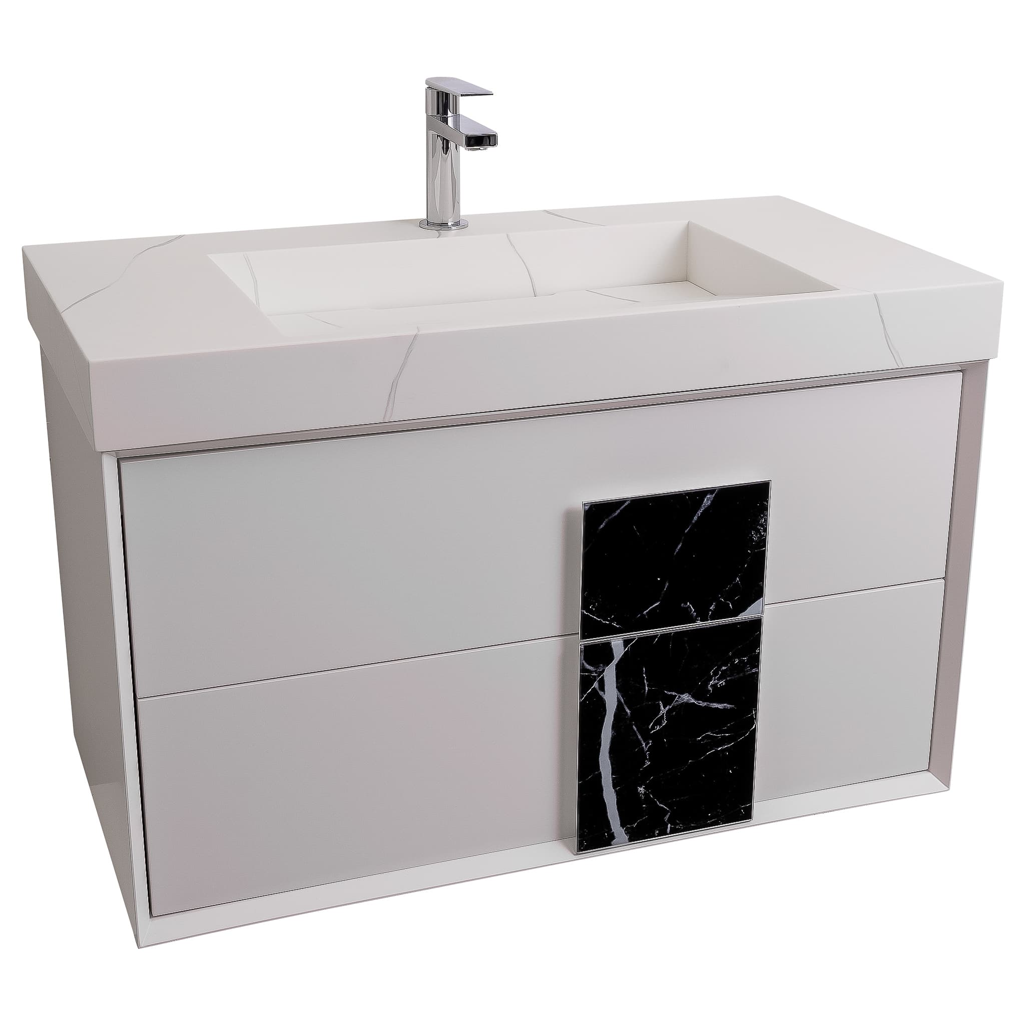 Piazza 31.5 Matte White With Black Handle Cabinet, Solid Surface Matte White Carrara Infinity Sink, Wall Mounted Modern Vanity Set