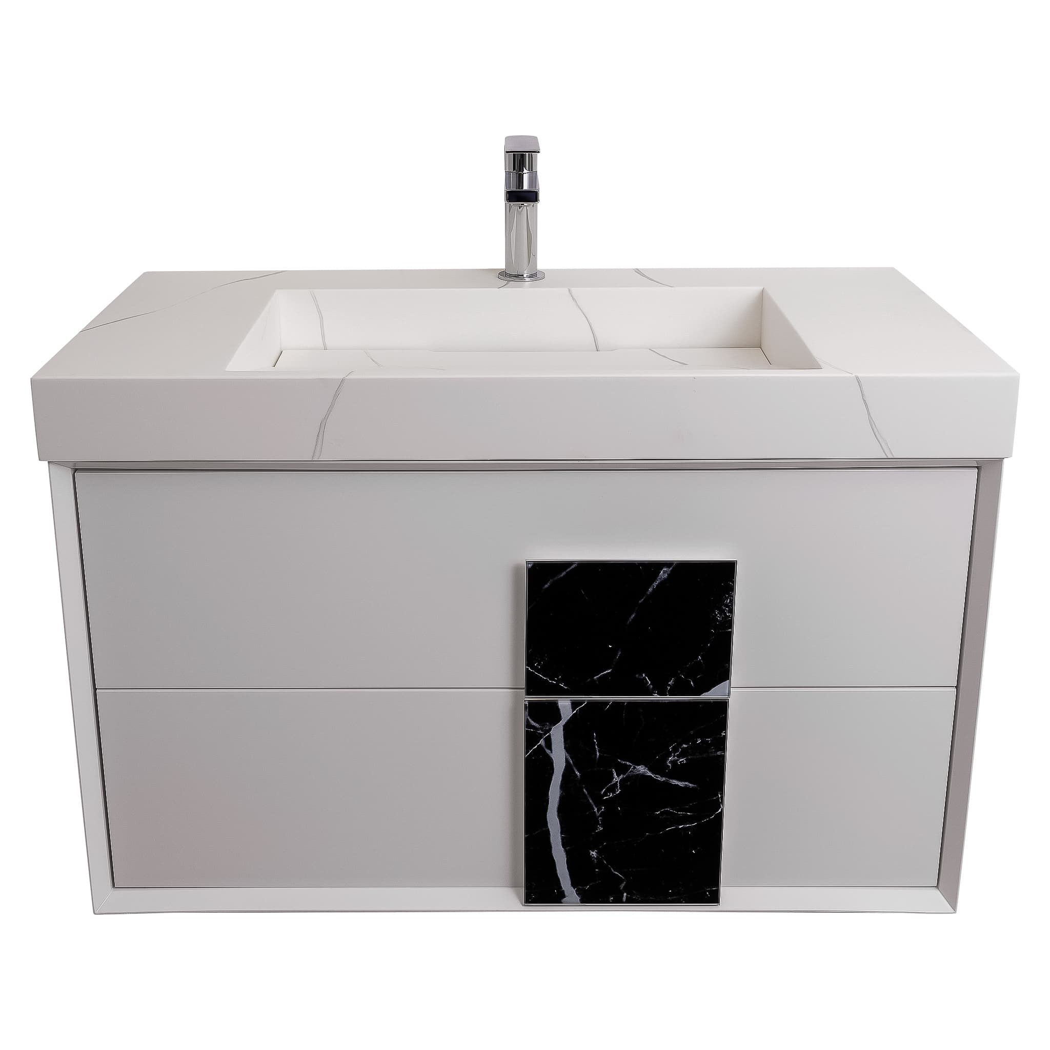 Piazza 31.5 Matte White With Black Handle Cabinet, Solid Surface Matte White Carrara Infinity Sink, Wall Mounted Modern Vanity Set
