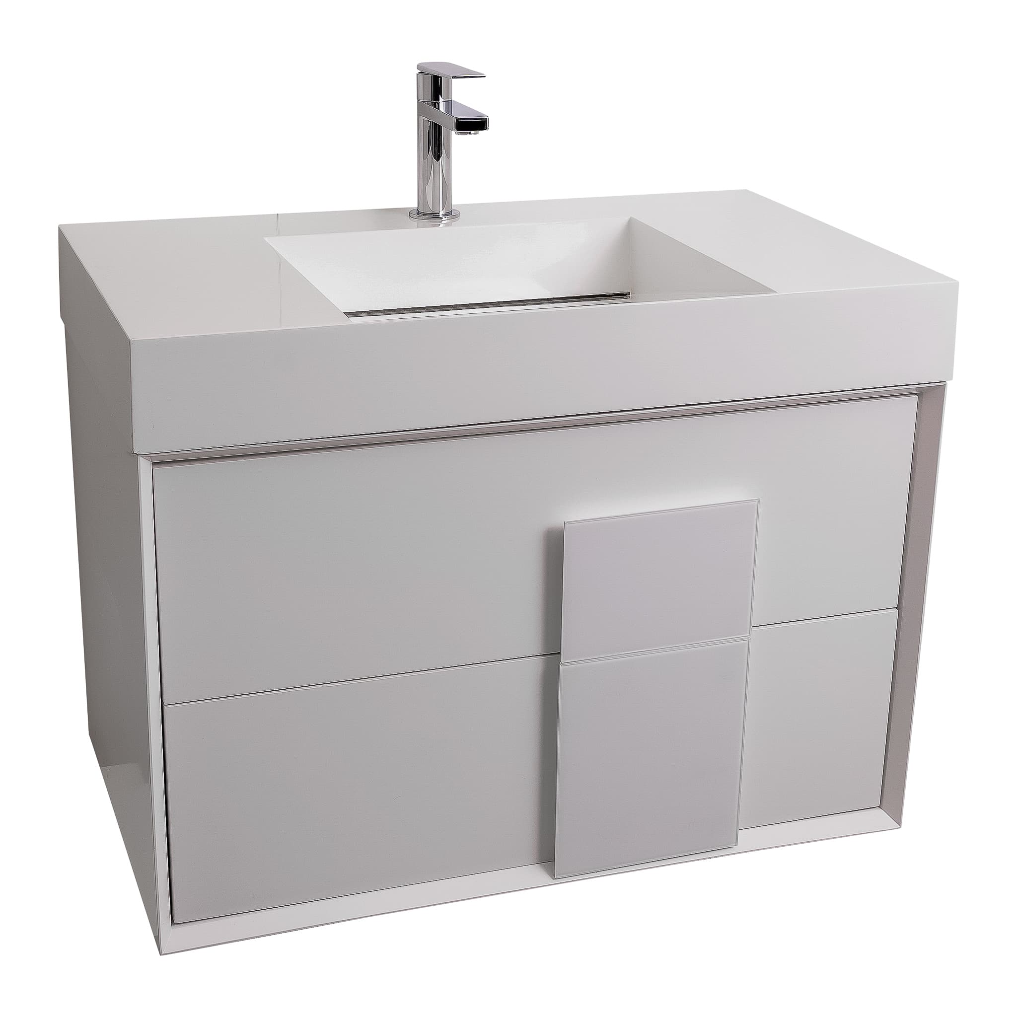 Piazza 31.5 Matte White With White Handle  Cabinet, Infinity Cultured Marble Sink, Wall Mounted Modern Vanity Set