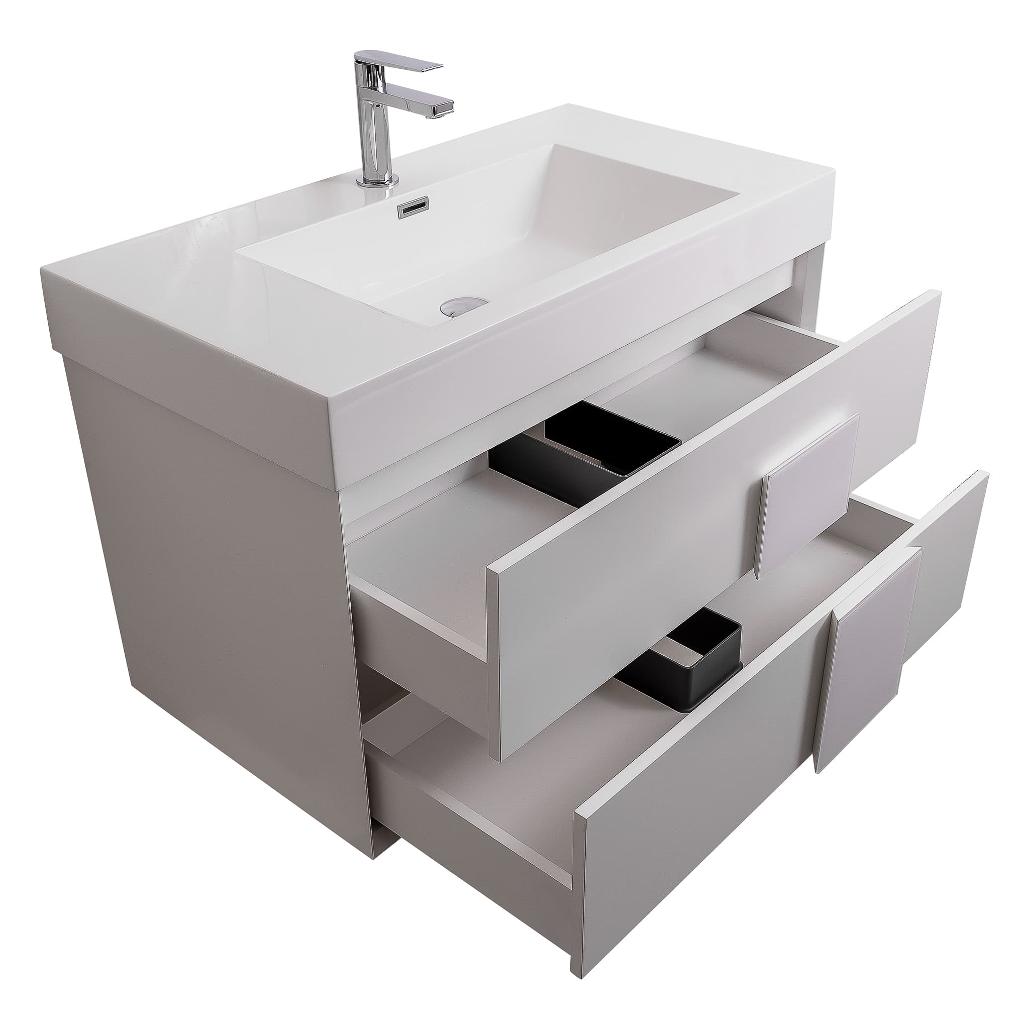 Piazza 31.5 Matte White With White Handle Cabinet, Square Sink, Wall Mounted Modern Vanity Set